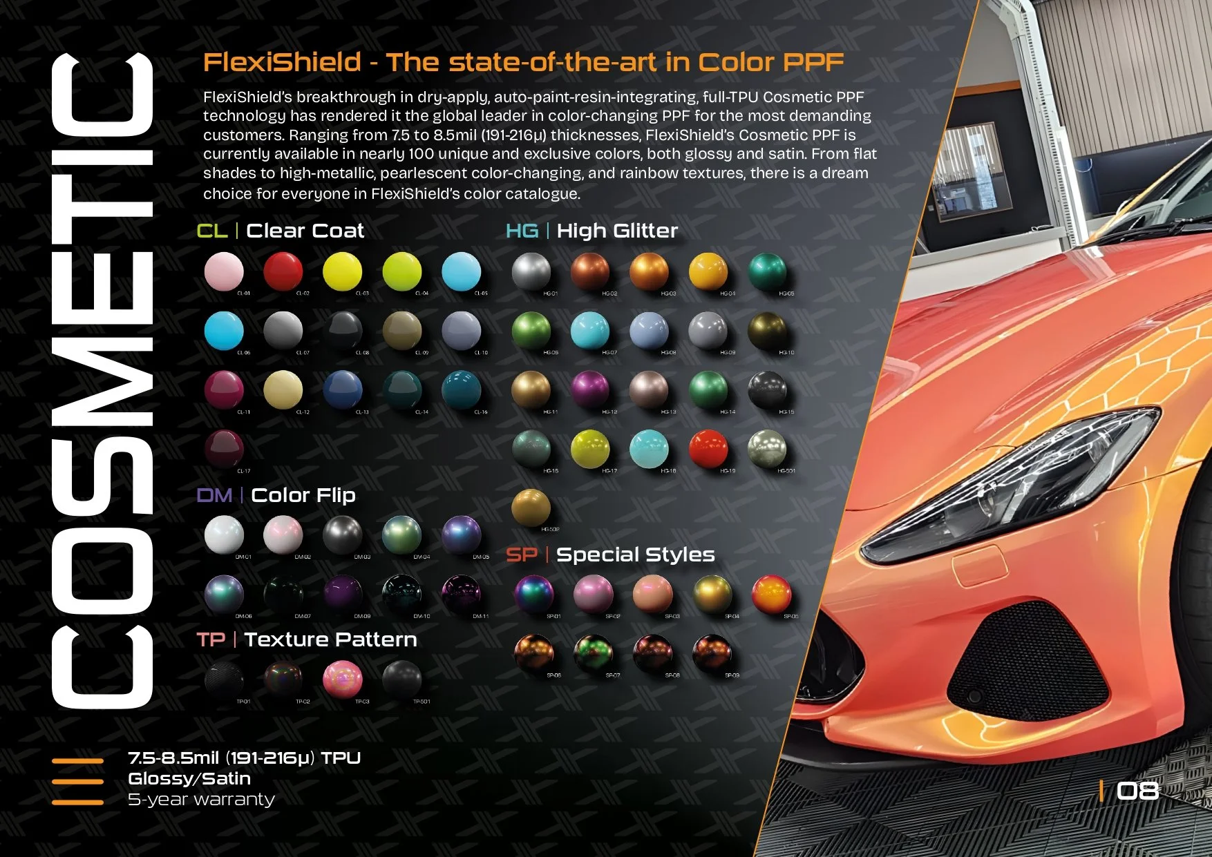 FlexiShield advertisement showcasing cosmetic PPF color options with car example.
