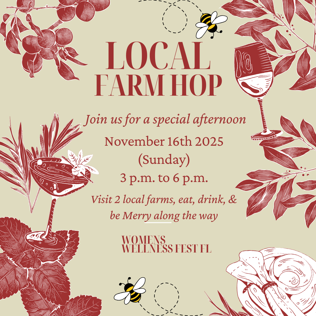 Invitation poster for a local farm hop event featuring illustrations of grapes, leaves, a wine glass, and honey, with bees flying around.