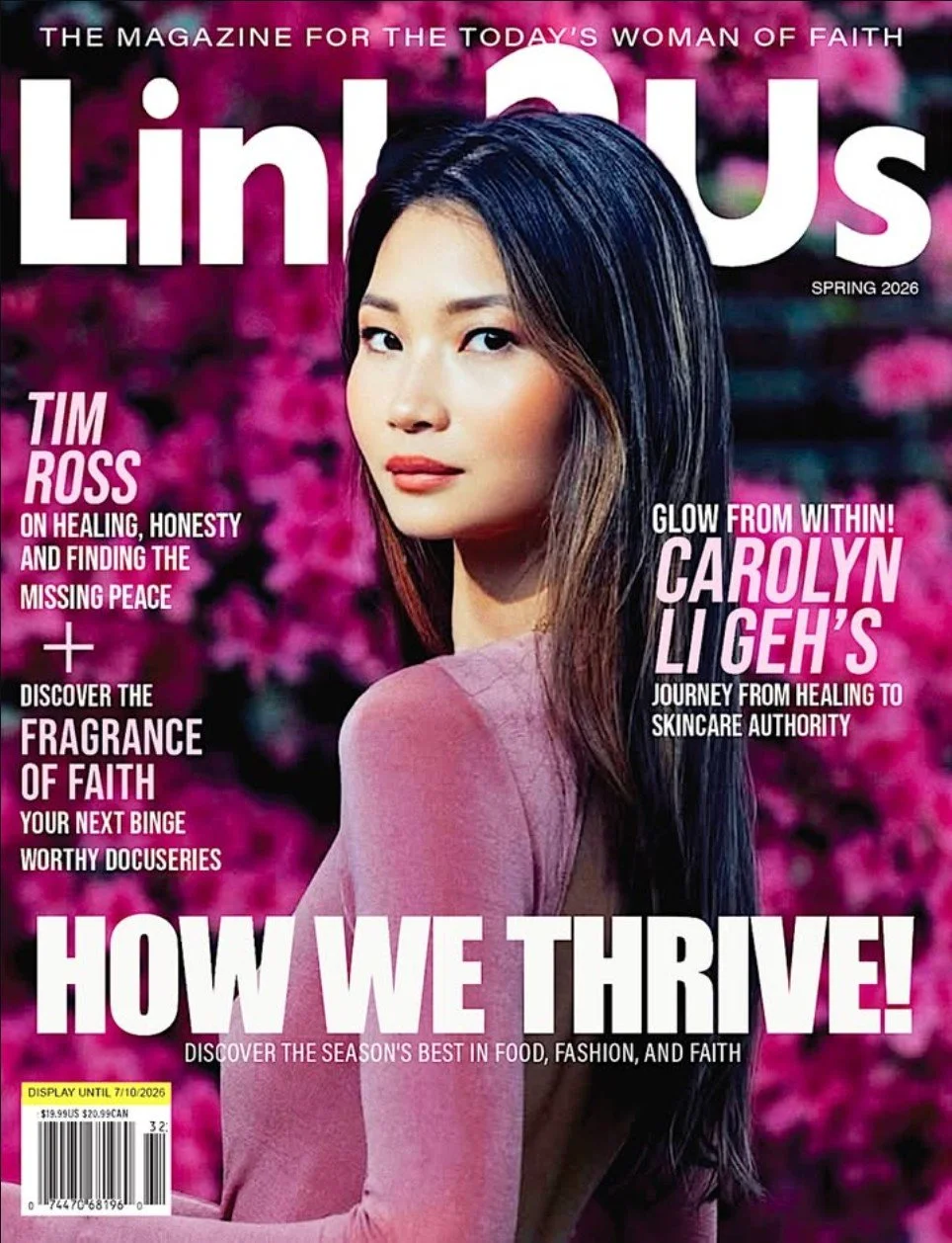 Link2Us Magazine Spring 2026 cover featuring Carolyn Li Geh in a pink top with a floral background
