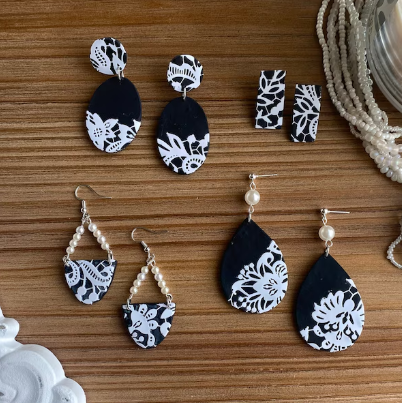 Lace Earrings | Polymer Clay Earrings | Black and White
