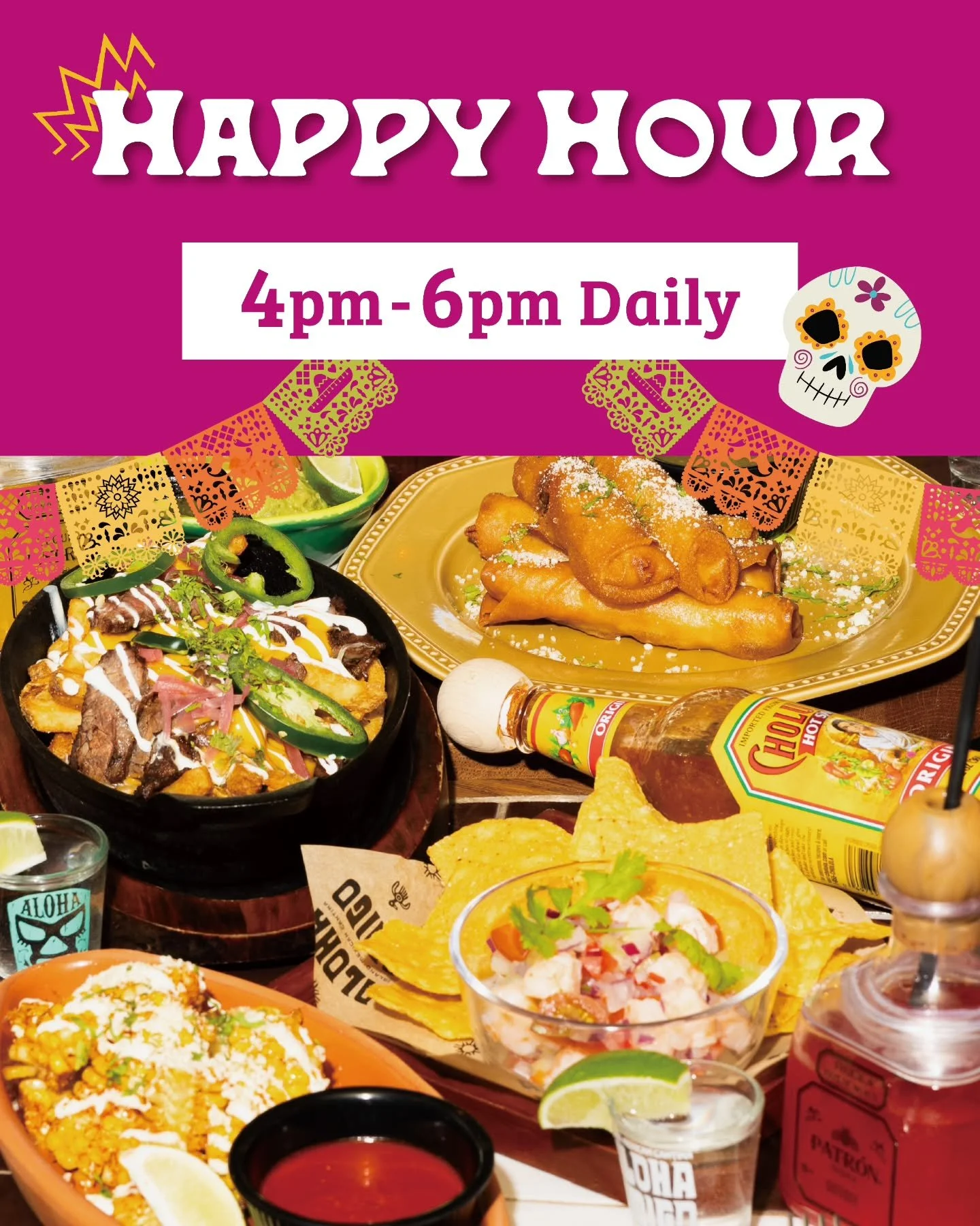 Happy Hour just got better. 🌮🍹 Now going down every single day, 4pm&ndash;6pm!

20% off all apps
$7 beers
$13 margaritas
$7 house tequila shots

Come hungry, order a few apps for the table, then a few more. Margaritas start hitting, tequila follows