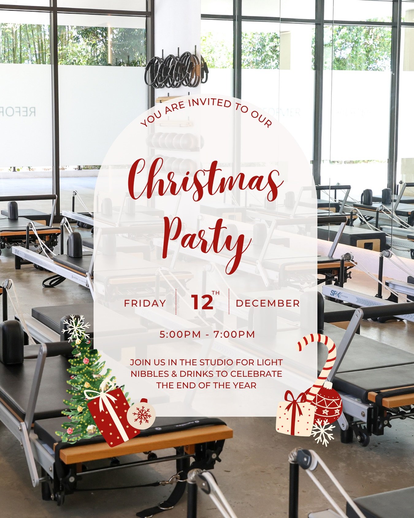 CHRISTMAS PARTY 🎄

Join us in the studio to celebrate the end of the year and wrap up the summer challenge with our Pilates community! 

The Details | MEMBERS ONLY EVENT 

When: Friday 12th December in the studio
Time: 5pm - 7pm | pop in anytime for