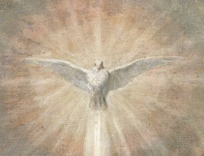 The Holy Spirit depicted as a dove with wings spread, glowing with light, on a textured background.