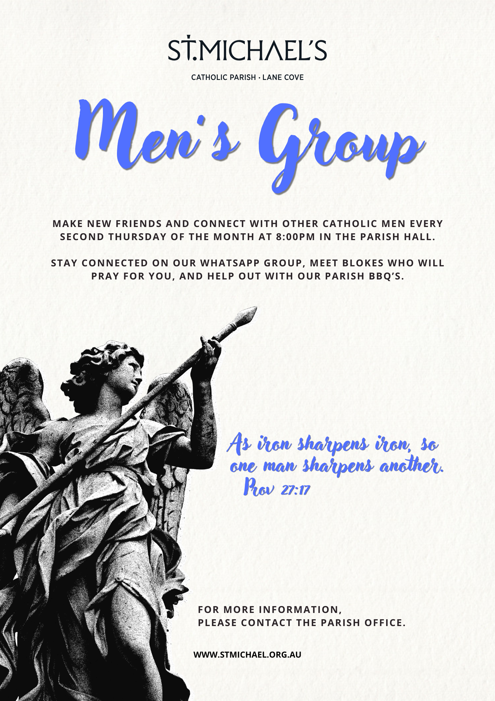 Picture of a statue of St. Michael the Archangel with blue text advertising a men's group