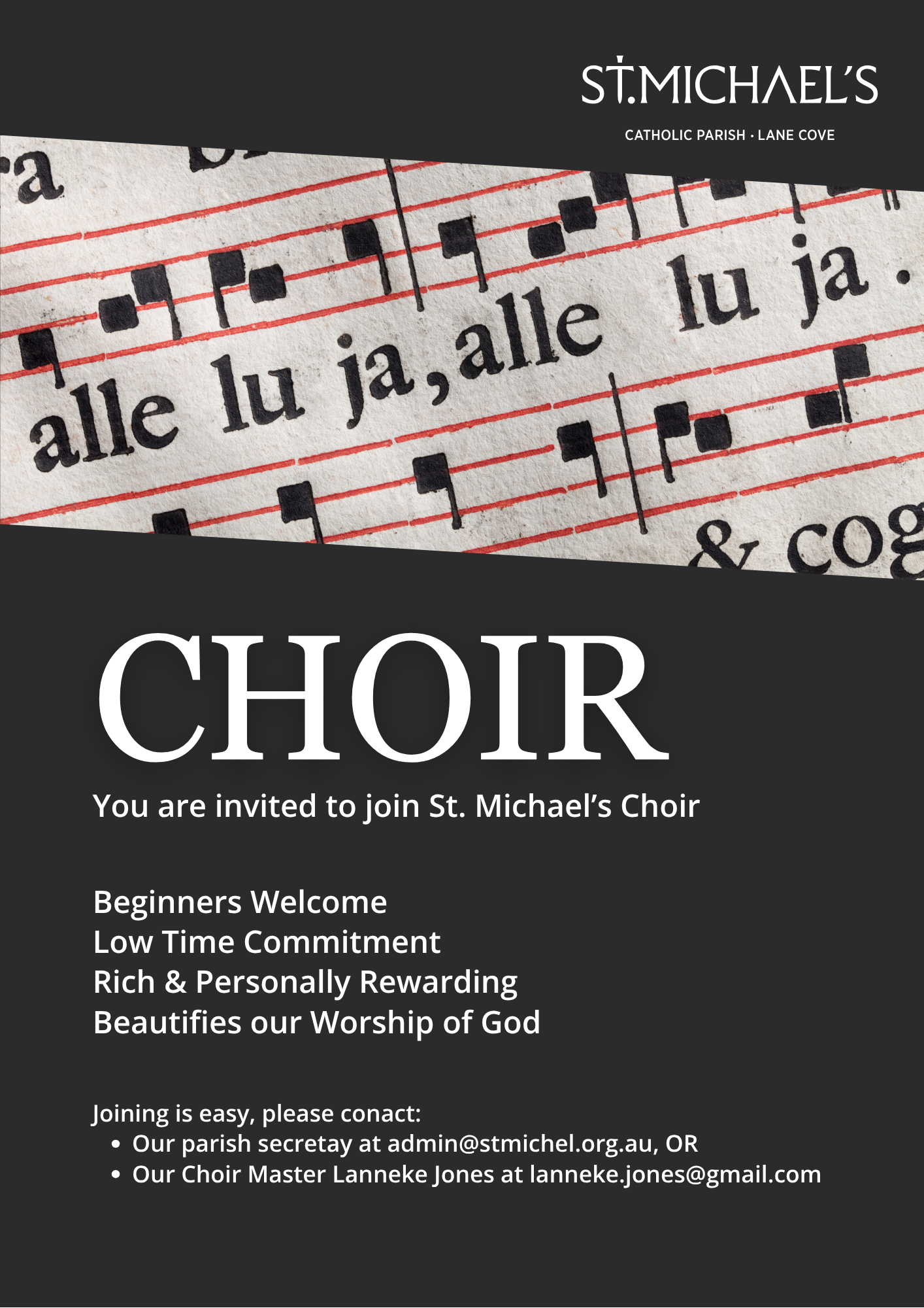 Image of music notation with an invitation to join St. Michael's Choir