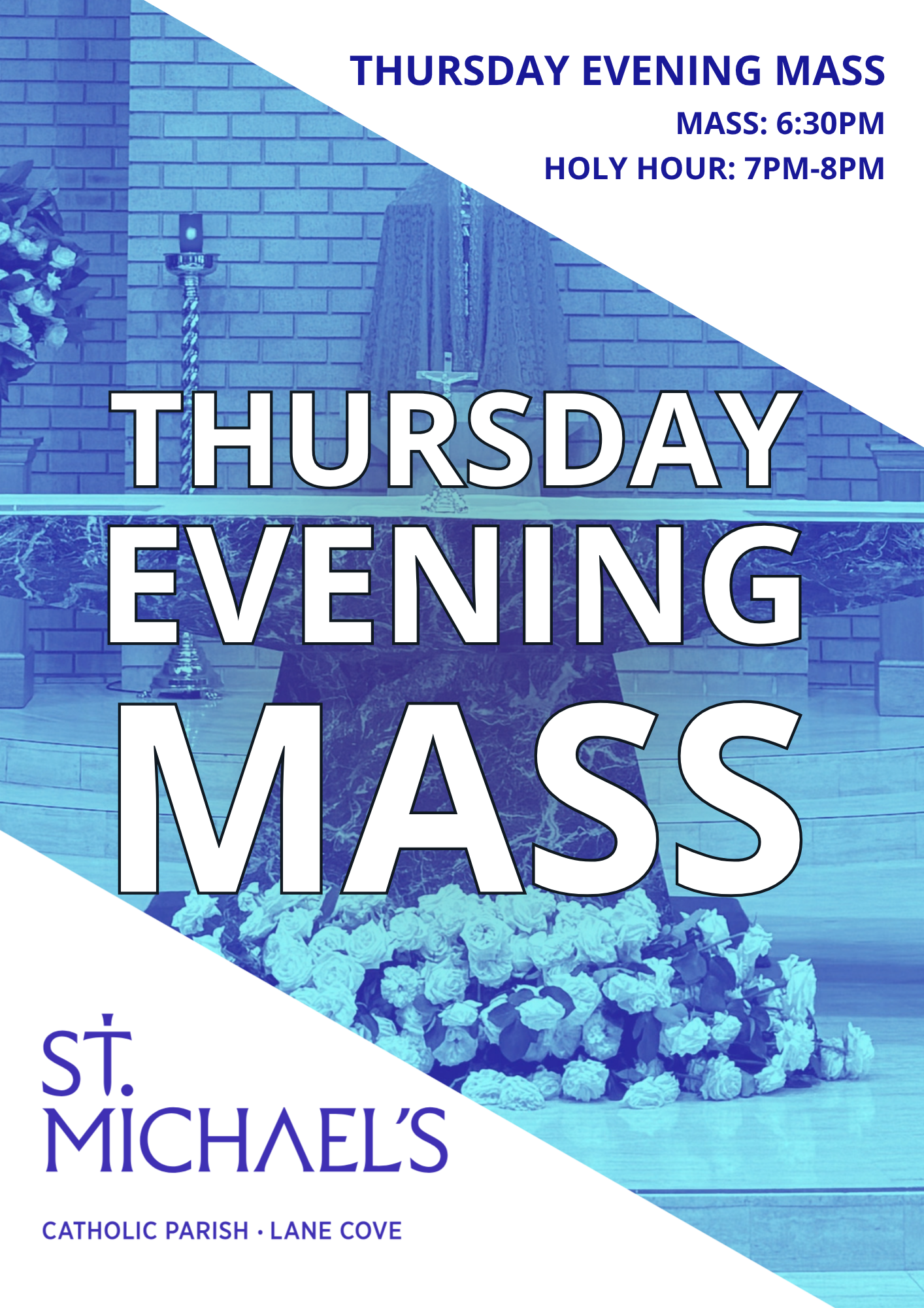 Picture of altar at St. Michael's Catholic church Lane Cove with a blue tint advertising a Thursday evening Mass