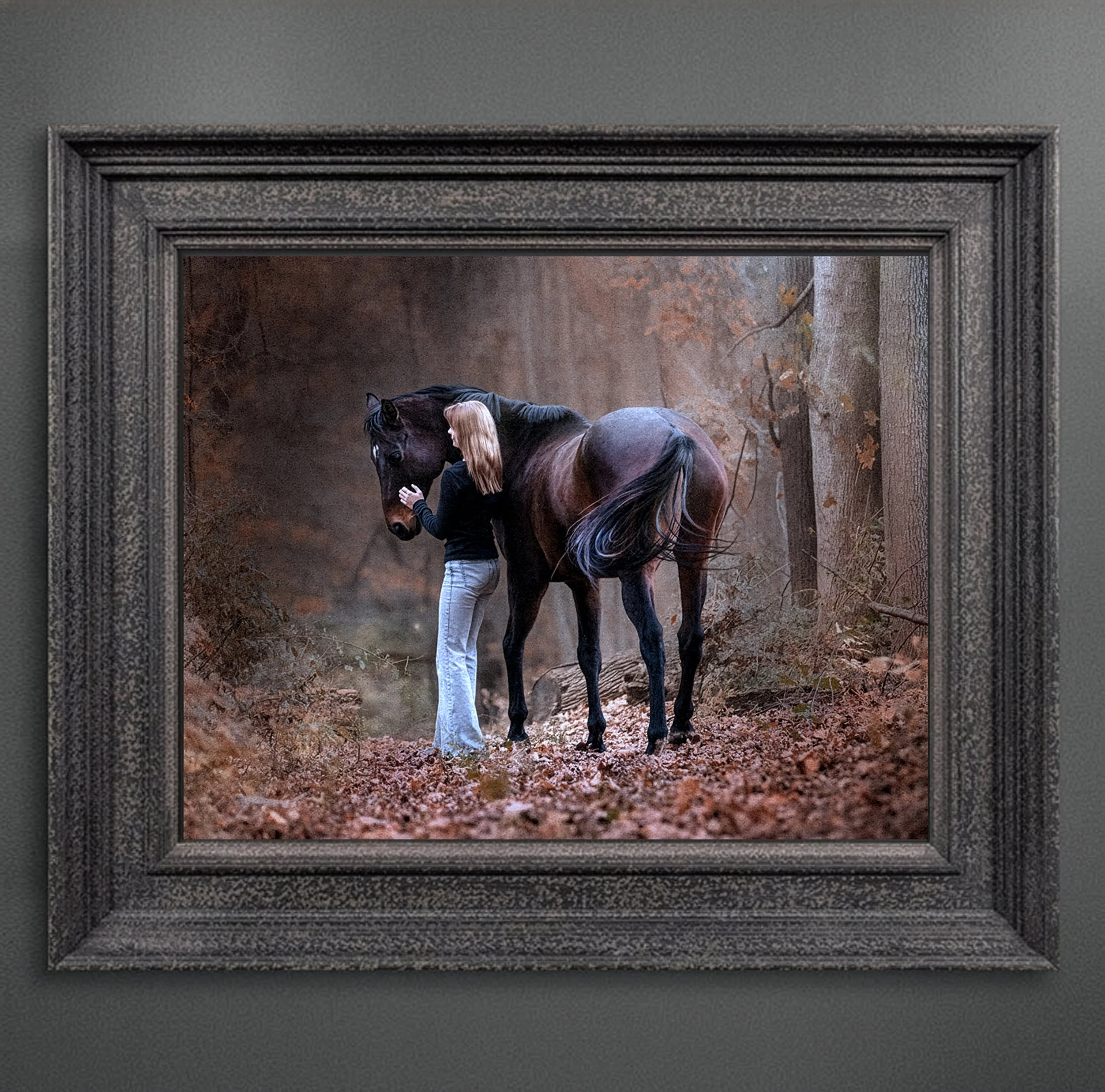 dark framed girl and horse in the woods