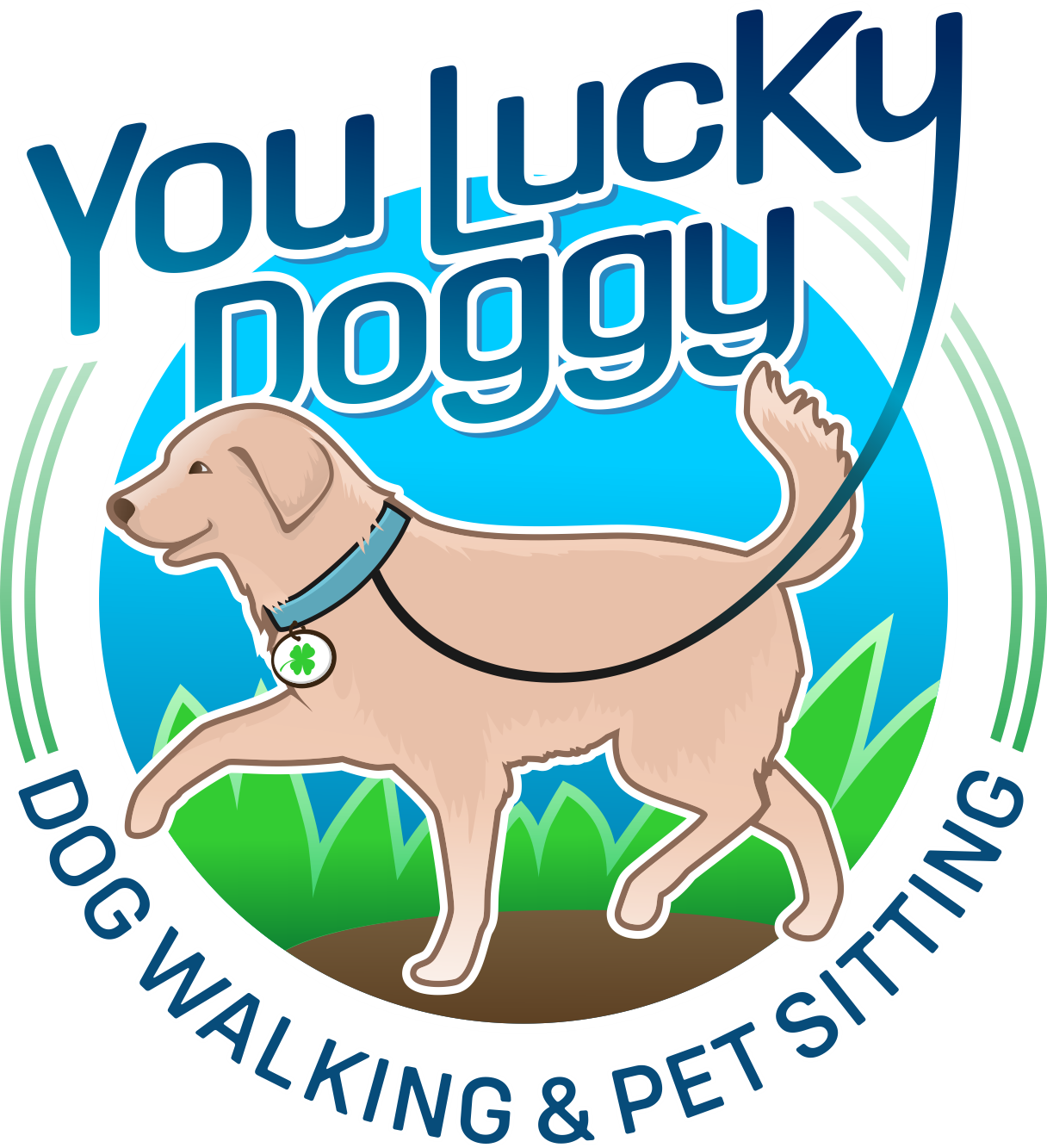 Logo for You Lucky Doggy Dog Walking & Pet Sitting featuring a cartoon golden retriever on grass with a blue sky background.
