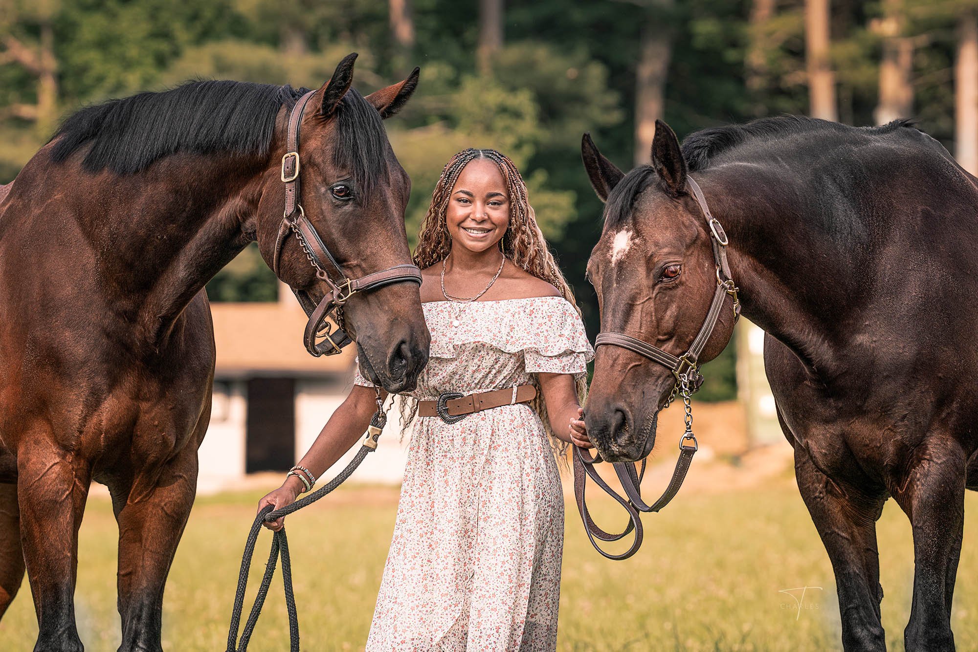 Aiden standing in the middle of her horses Charlotte and Hank
