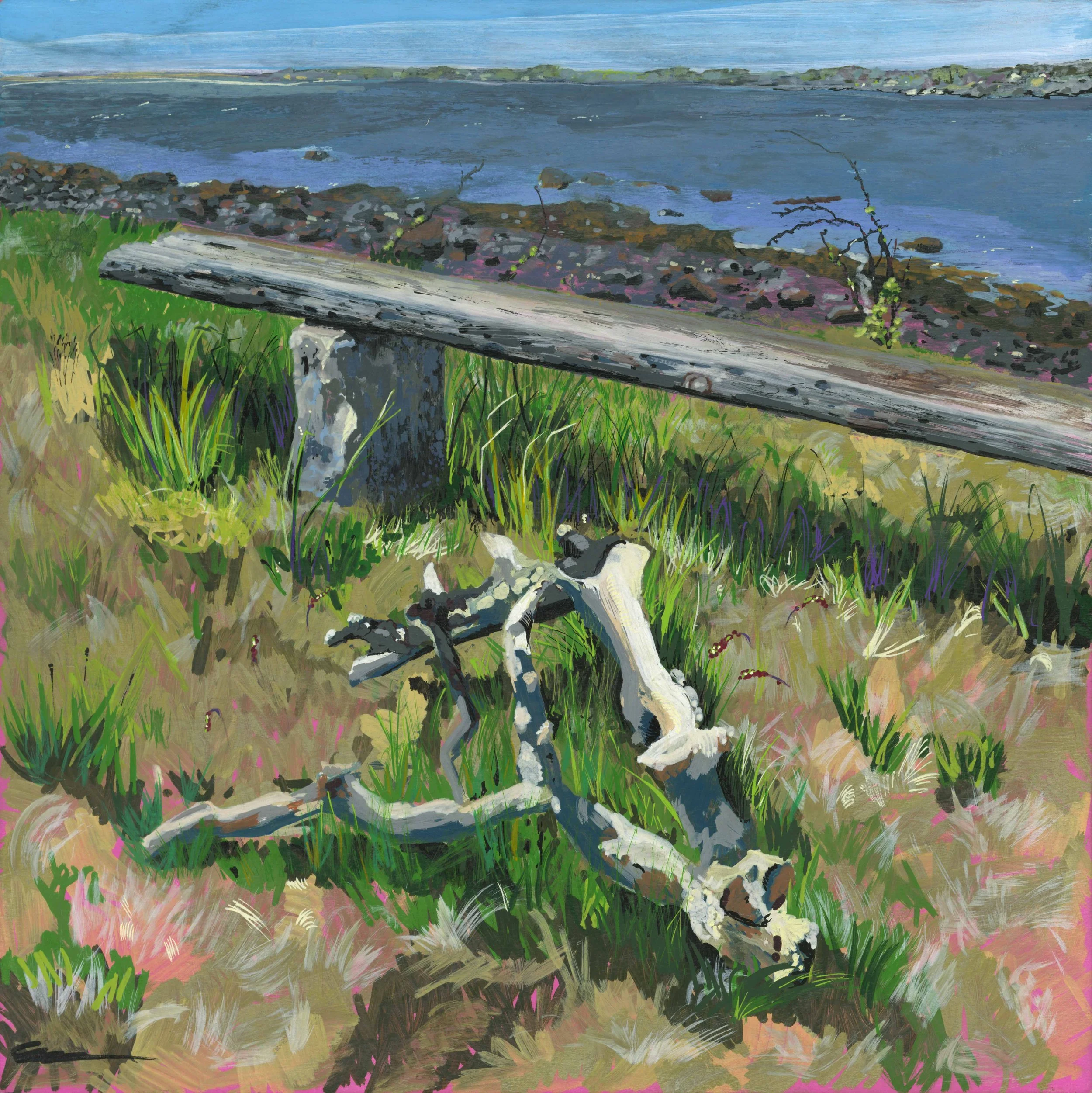 Aquidneck Island from Rice Farm, 2025, acrylic/ink on 12x12" panel, $875 framed 