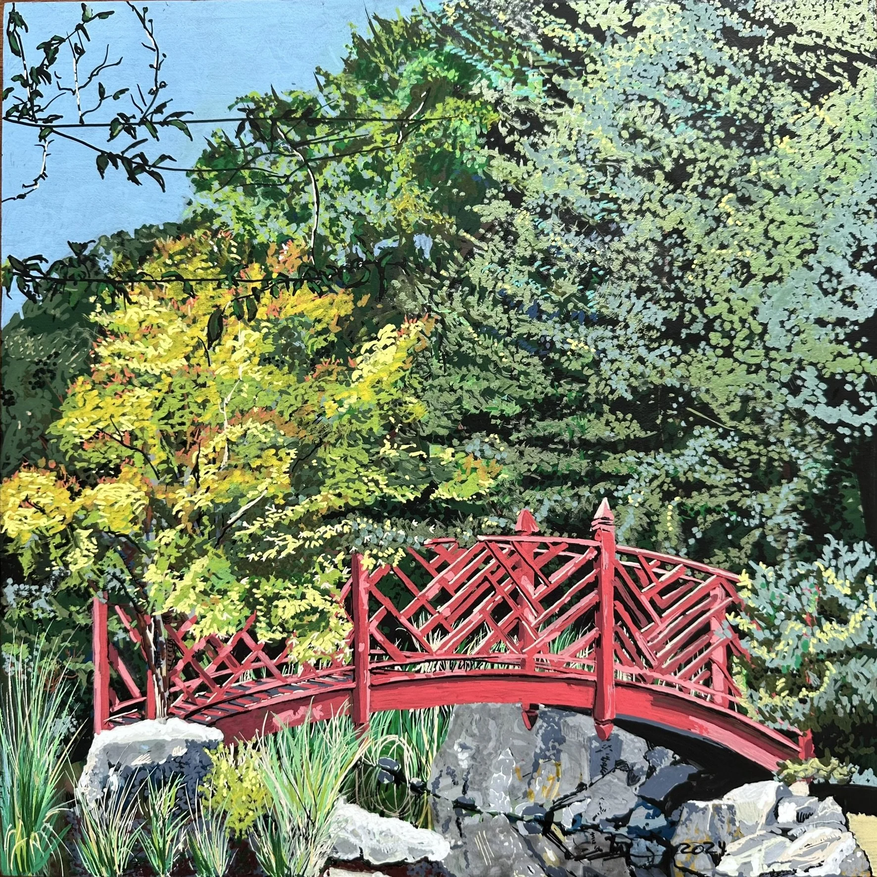 Japanese Garden at Bellevue House, 2024, acrylic/ink on 12x12" panel SOLD