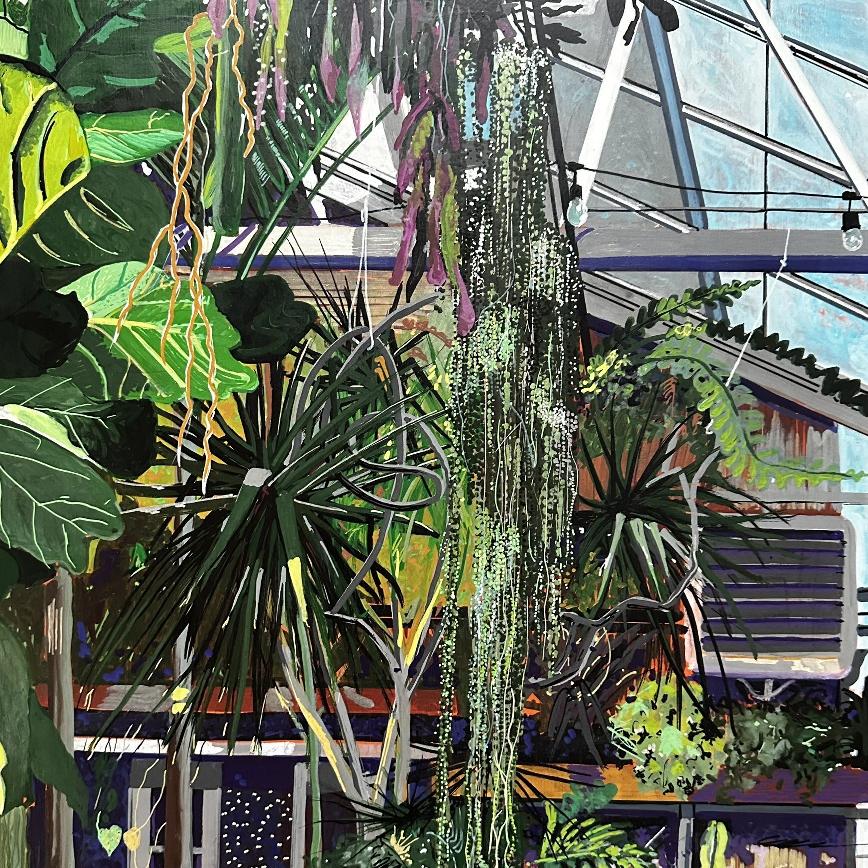 Ragged Island Greenhouse in January, 2025, acrylic/ink on 12x12" panel SOLD