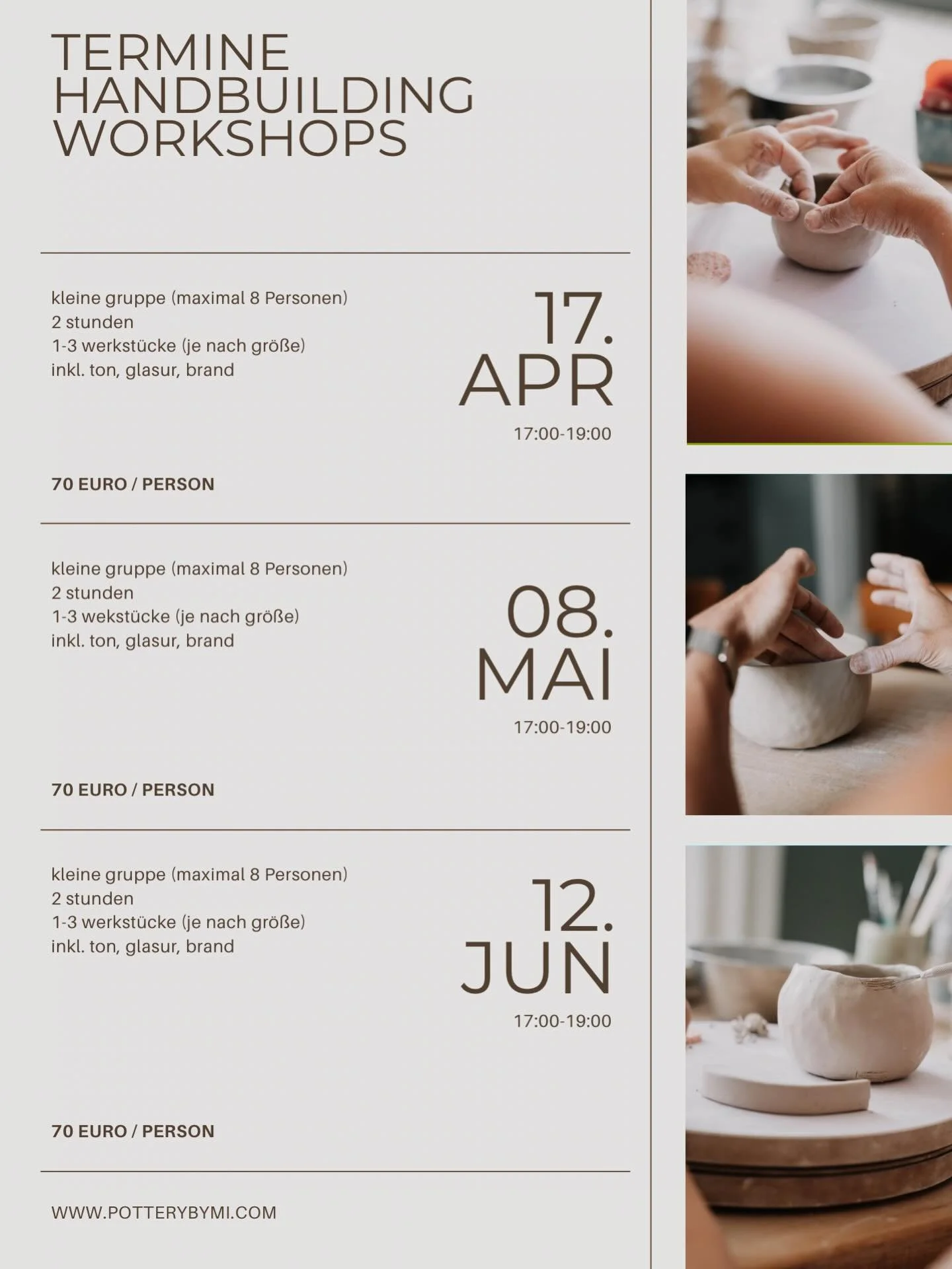 In kleiner, pers&ouml;nlicher Runde tauchen wir gemeinsam in die Welt des Tons ein &ndash; ganz ohne Vorkenntnisse. Du formst mit deinen H&auml;nden deine eigenen St&uuml;cke und nimmst am Ende nicht nur Keramik mit nach Hause, sondern auch eine rich