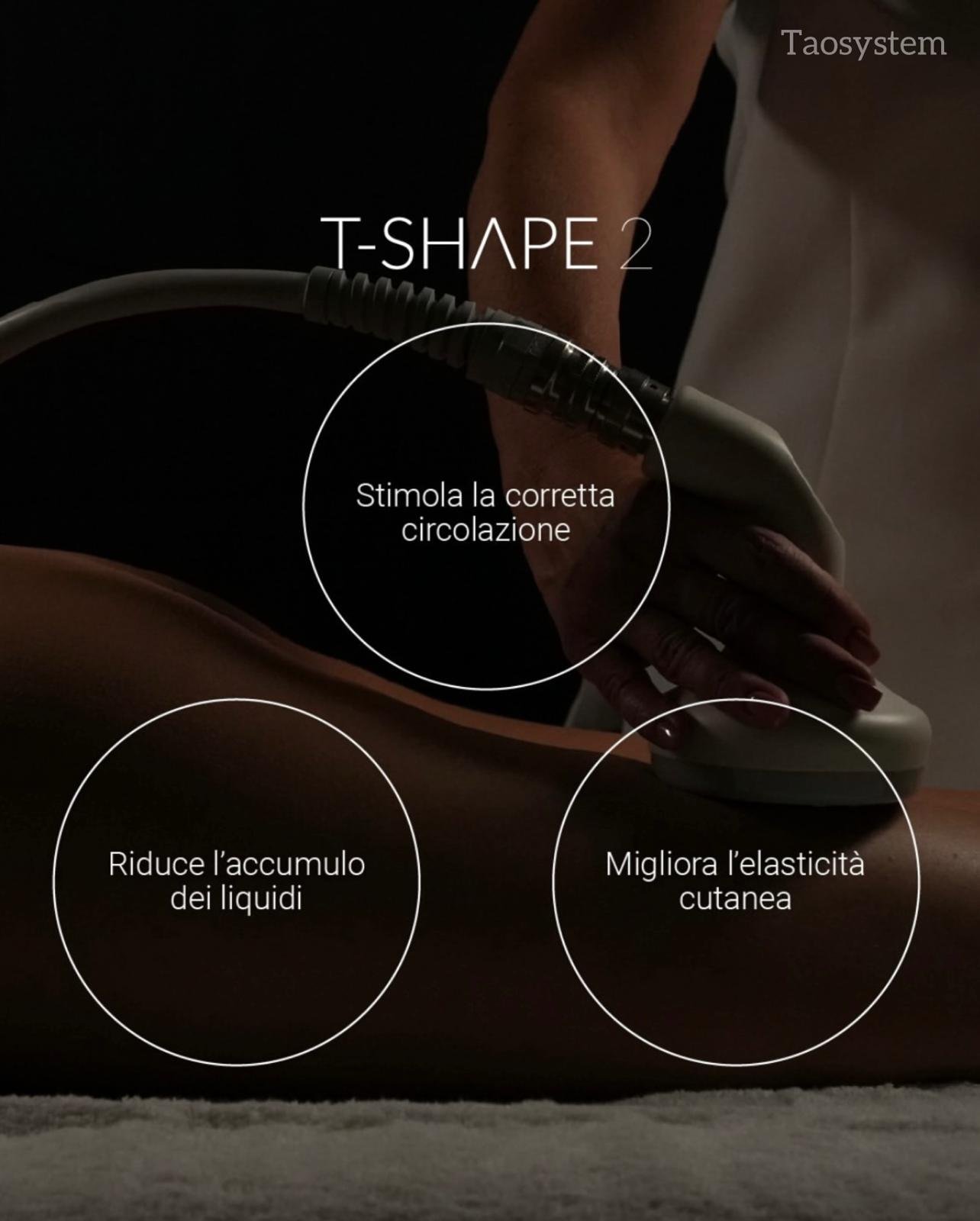 Macchinario estetico T-Shape 2 in uso su una persona, con testo che indica benefici come miglioramento della circolazione, riduzione del liquido e aumento dell'elasticità cutanea.