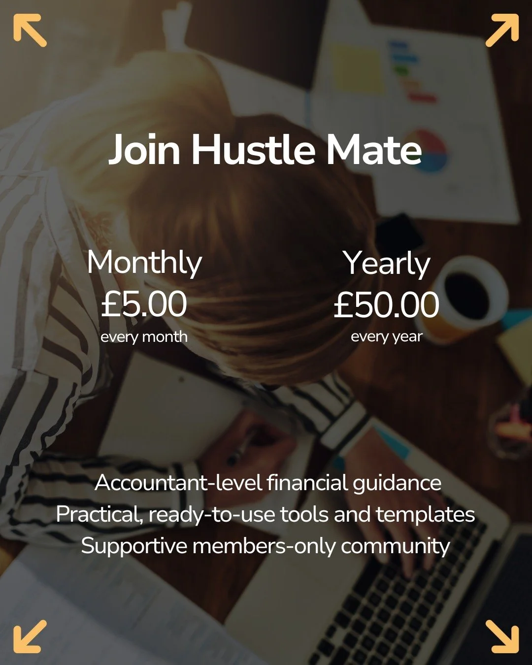 So what do you actually get when you join Hustle Mate?

Here&rsquo;s how we&rsquo;ve made it simple to save time, stay on top of your money, and feel supported every step of the way:

🟡 Save time: each month you&rsquo;ll get a practical template, ch