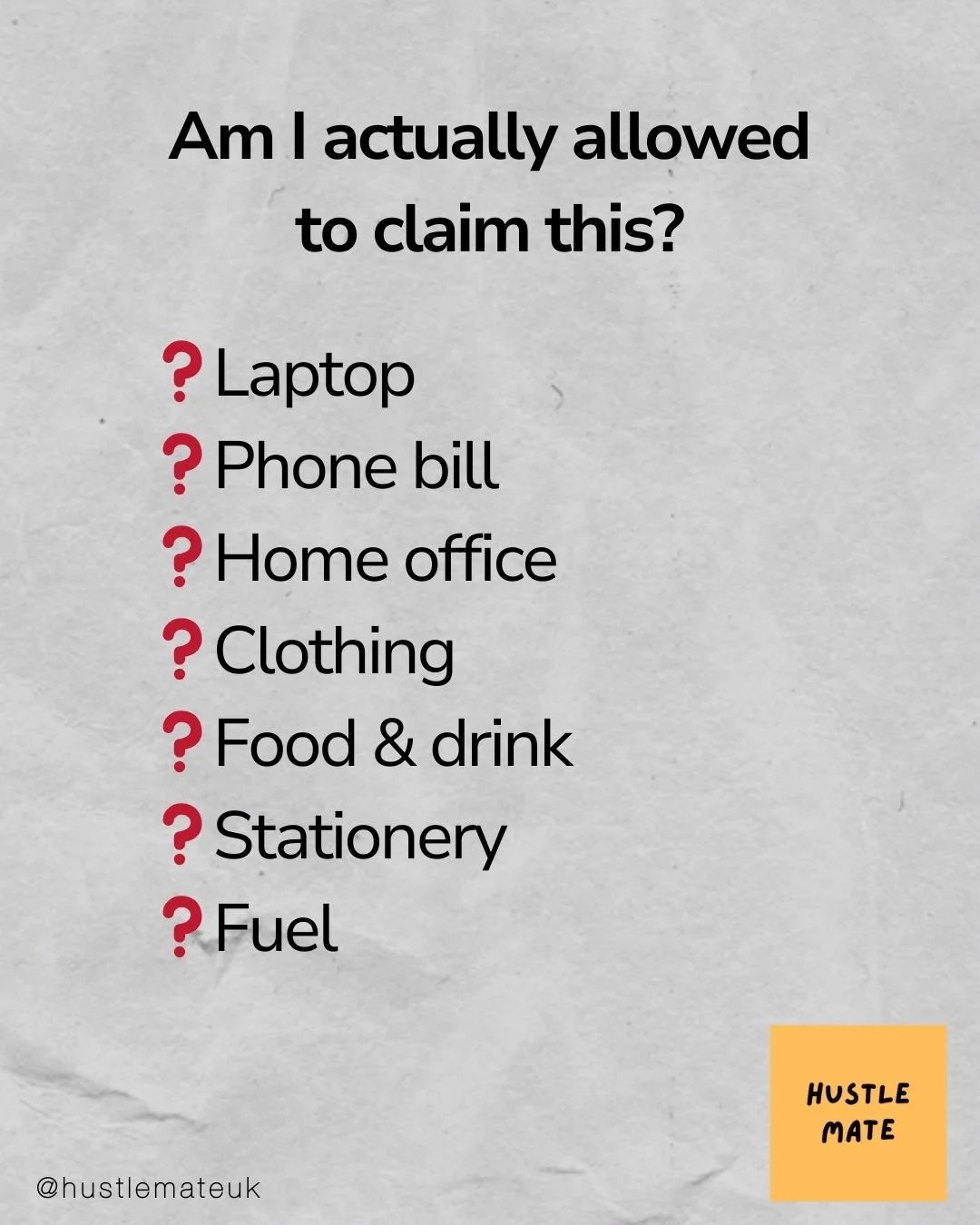 Ever stared at a receipt and thought&hellip; am I actually allowed to claim this?

Laptop. Phone bill. Home office. Clothing. Food. Fuel.
Some are claimable. Some aren&rsquo;t. Some depend on how you use them.

That grey area is where most self-emplo