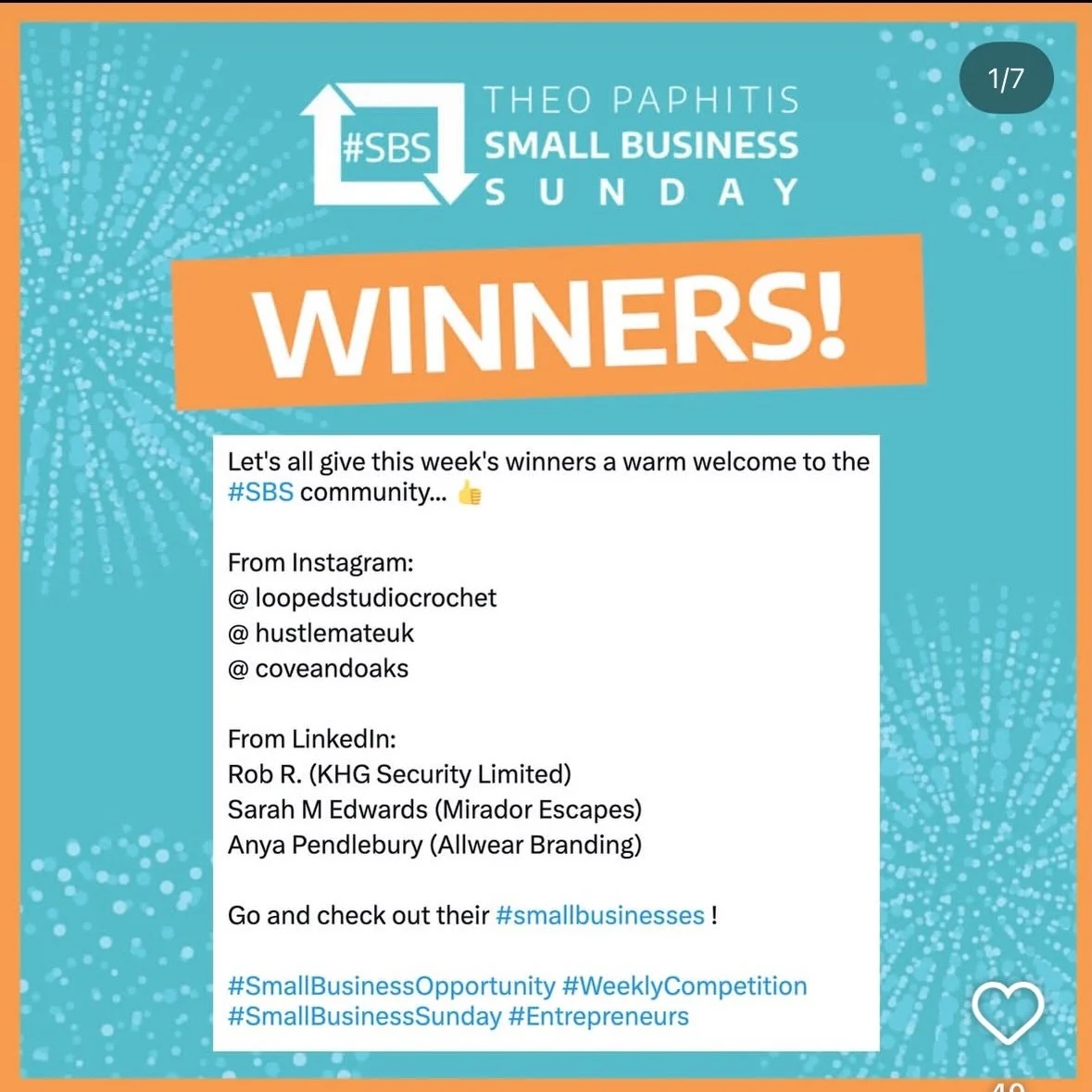 Absolutely over the moon to be selected as an #SBS winner by @theopaphitis 
Onwards and upwards as we look to add to our brilliant community 🙌