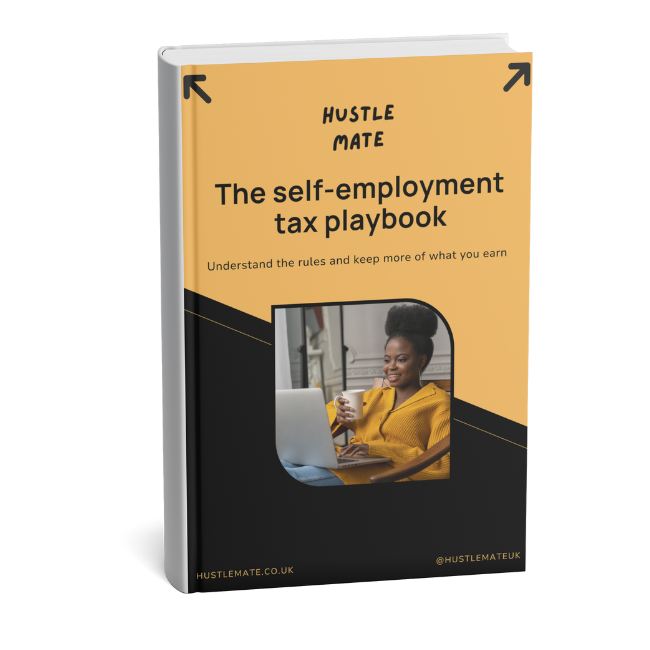 Book titled 'The self-employment tax playbook' with a woman using a laptop and holding a coffee mug, featuring a yellow, black, and beige color scheme.