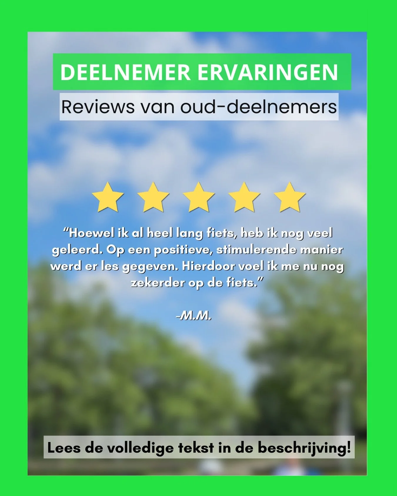 &ldquo;Hoewel ik al heel lang fiets, heb ik nog veel geleerd&hellip; Hierdoor voel ik me nu nog zekerder op de fiets.&rdquo; 🚲✨
 
Daar doen we het voor! Met ons fietsvalpreventie-programma helpen we deelnemers om met meer vertrouwen, controle en vei