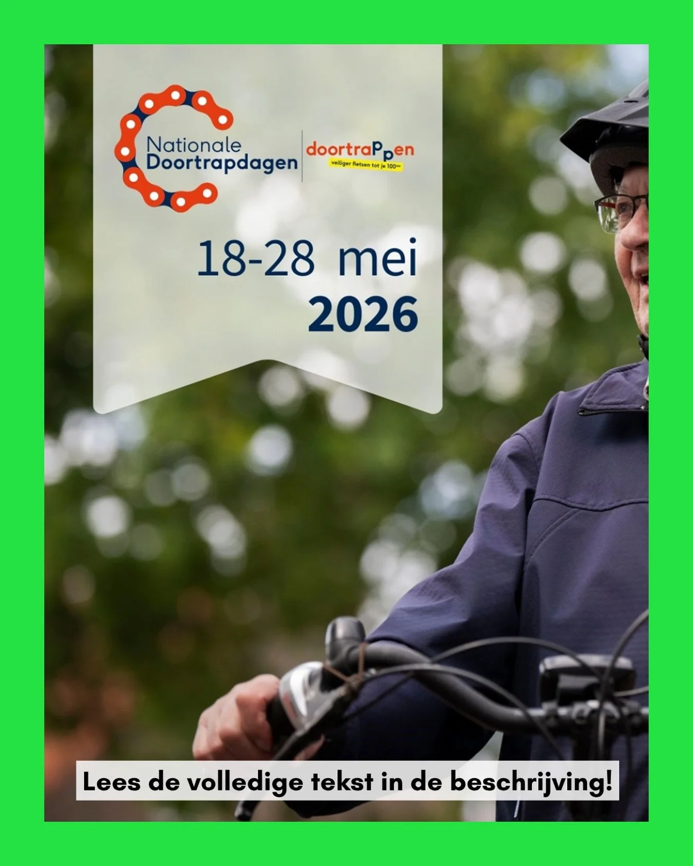 🚲 Nationale Doortrapdagen 2026: samen veilig blijven fietsen

Van 18 t/m 28 mei 2026 staat Nederland in het teken van de Nationale Doortrapdagen. In alle provincies en gemeenten worden activiteiten georganiseerd om &eacute;&eacute;n doel centraal te