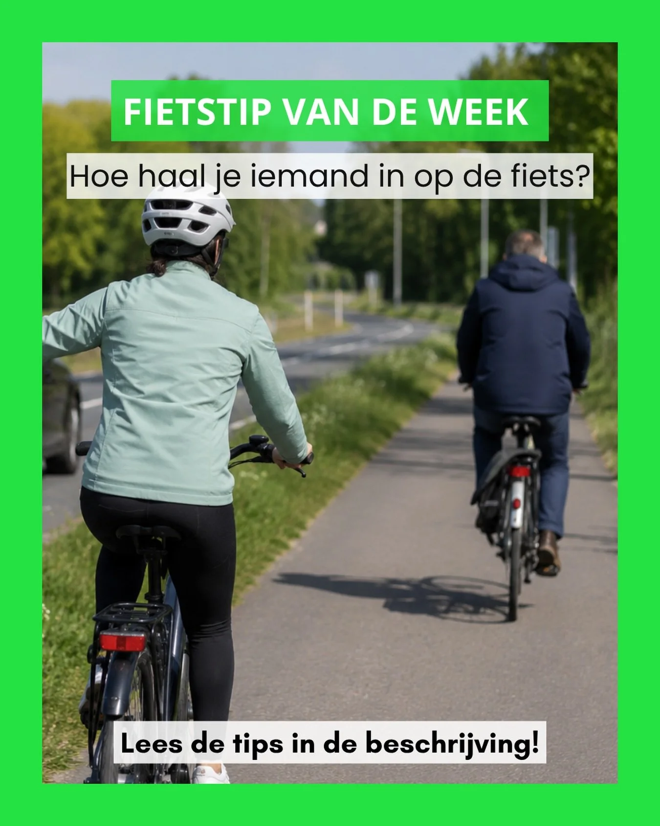 🚲 Veilig inhalen op de fiets
 
Moet je iemand inhalen op het fietspad? Doe dit rustig en voorspelbaar. Zo houd je het veilig voor jezelf &eacute;n anderen.
 
&bull; Kijk eerst goed achterom voordat je uitwijkt
&bull; Geef duidelijk richting aan met 