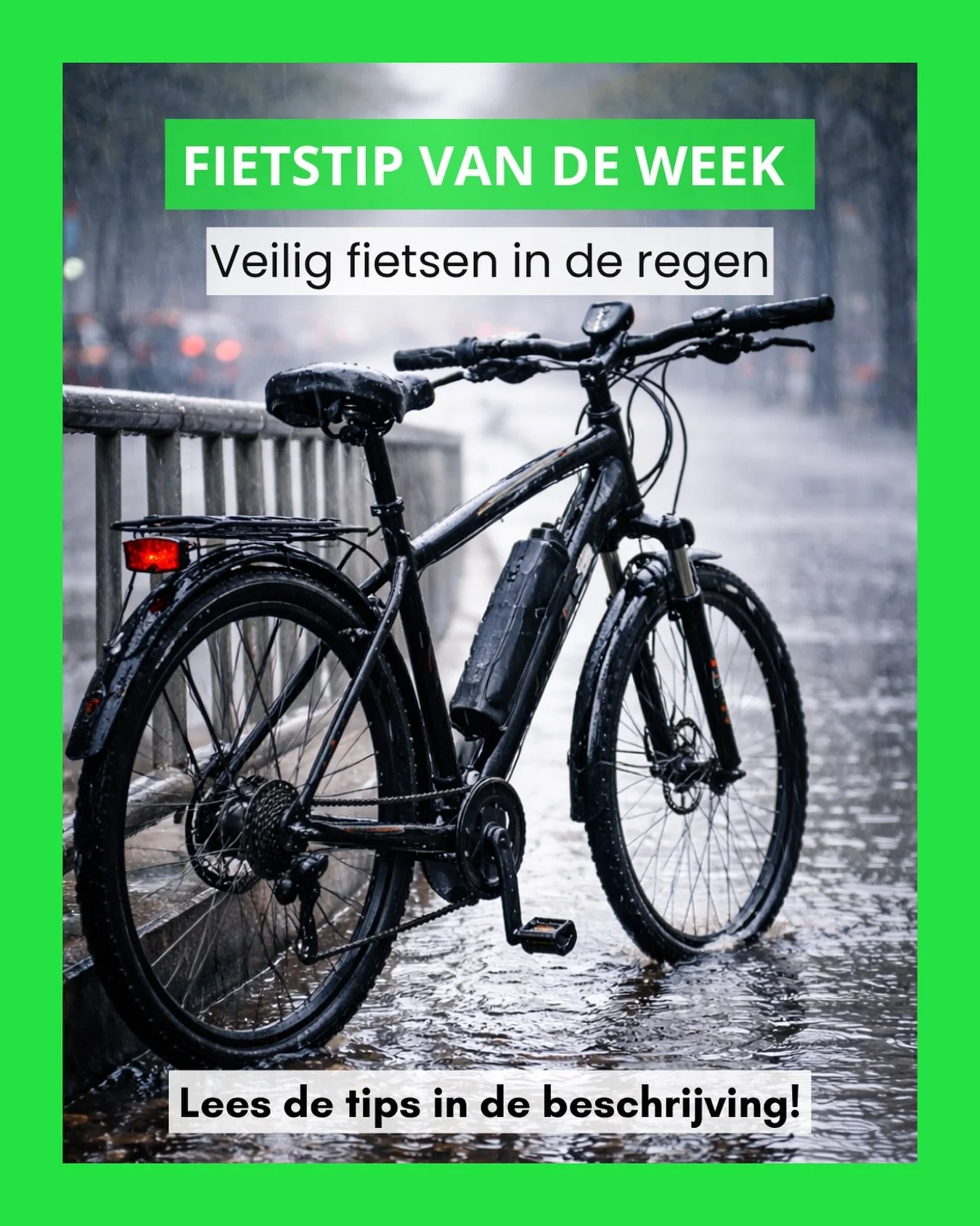 Het regent. Wat nu? 🌧️ 
 
Regen hoeft geen reden te zijn om de fiets te laten staan, maar vraagt wel om extra aandacht. Zorg voor goede regenkleding en controleer of uw fietsverlichting goed werkt, zodat u beter zichtbaar bent voor andere weggebruik