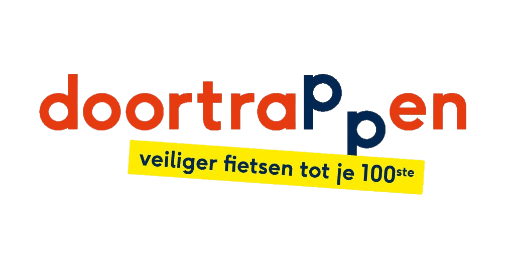 Logo met de tekst 'dorptrap openen' en een gele banner met 'veiliger fietsen tot je 100ste'.