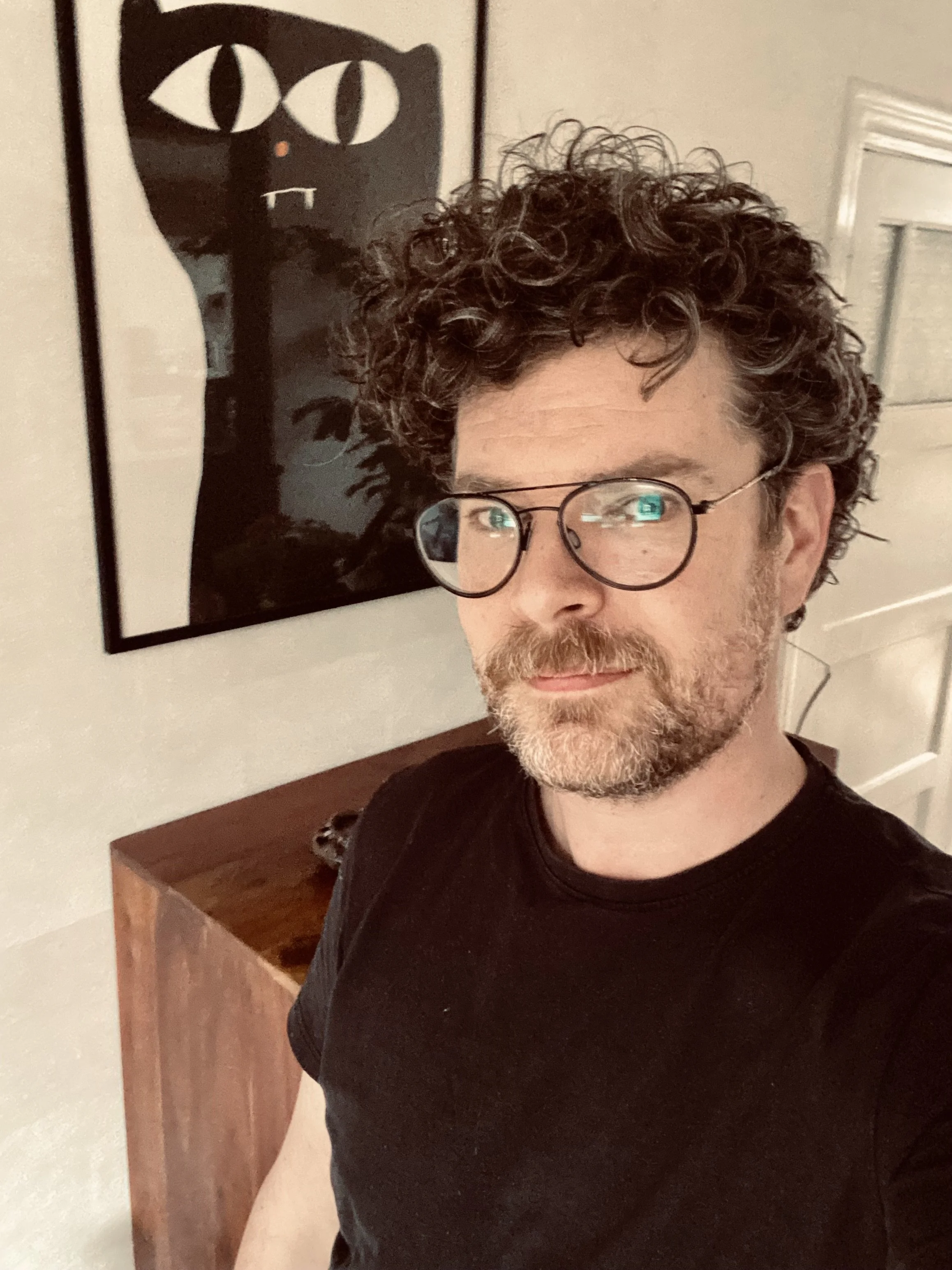 Een man met krullend haar en een baard, draagt ronde bril en een zwarte shirt, staat in een kamer met een kunstwerk van een kat met grote ogen op de muur achter hem.