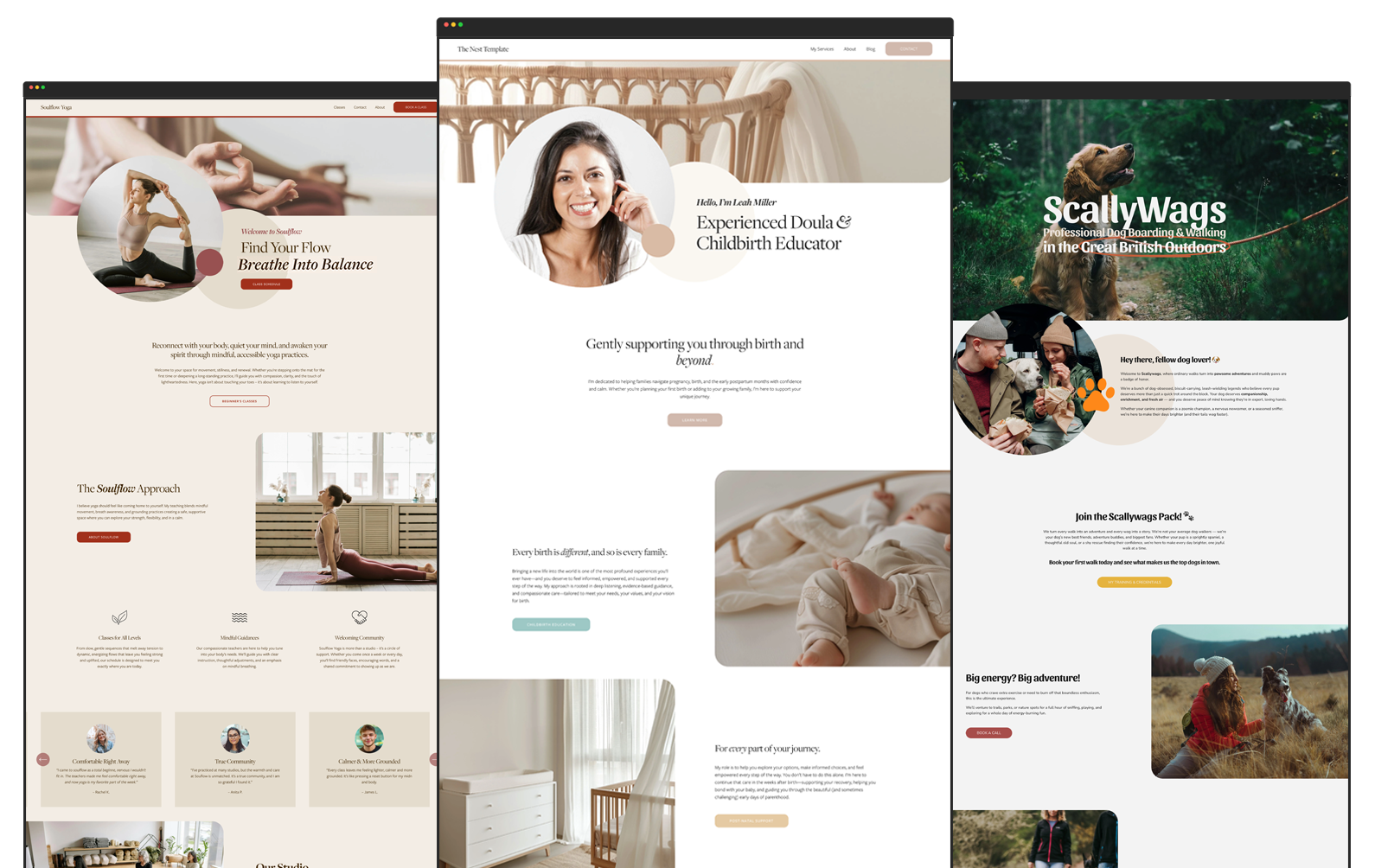 Collage of three website homepage designs related to wellness, childbirth, and dog walking, featuring images of a woman practicing yoga, a smiling woman and a baby, and a dog in nature.