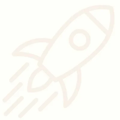 Light beige outline of a rocket ship with a circular window, angled upward, with three lines indicating movement or speed.