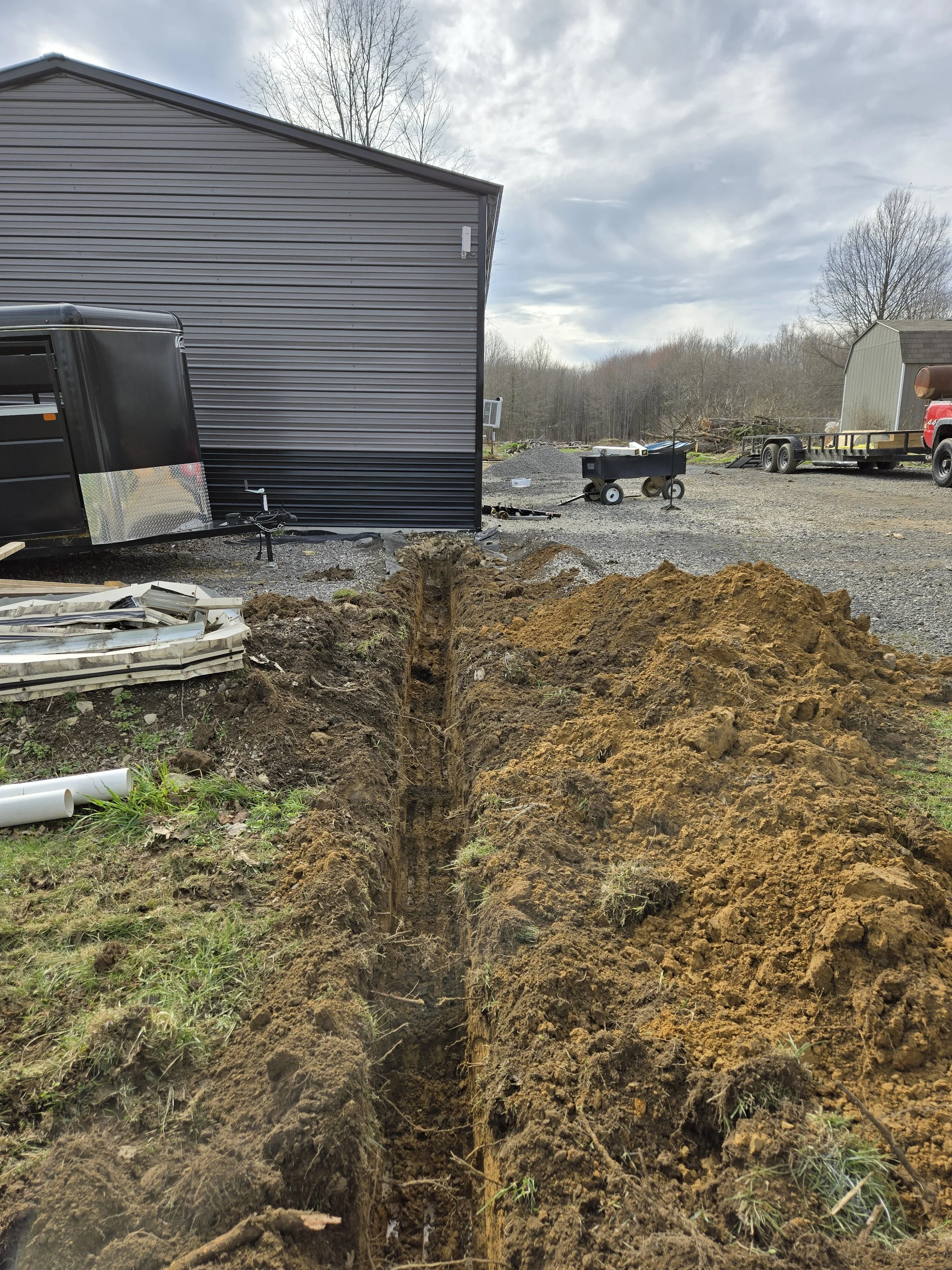 A deep trench dug into the ground near a black building, with construction materials and equipment around, under a cloudy sky.