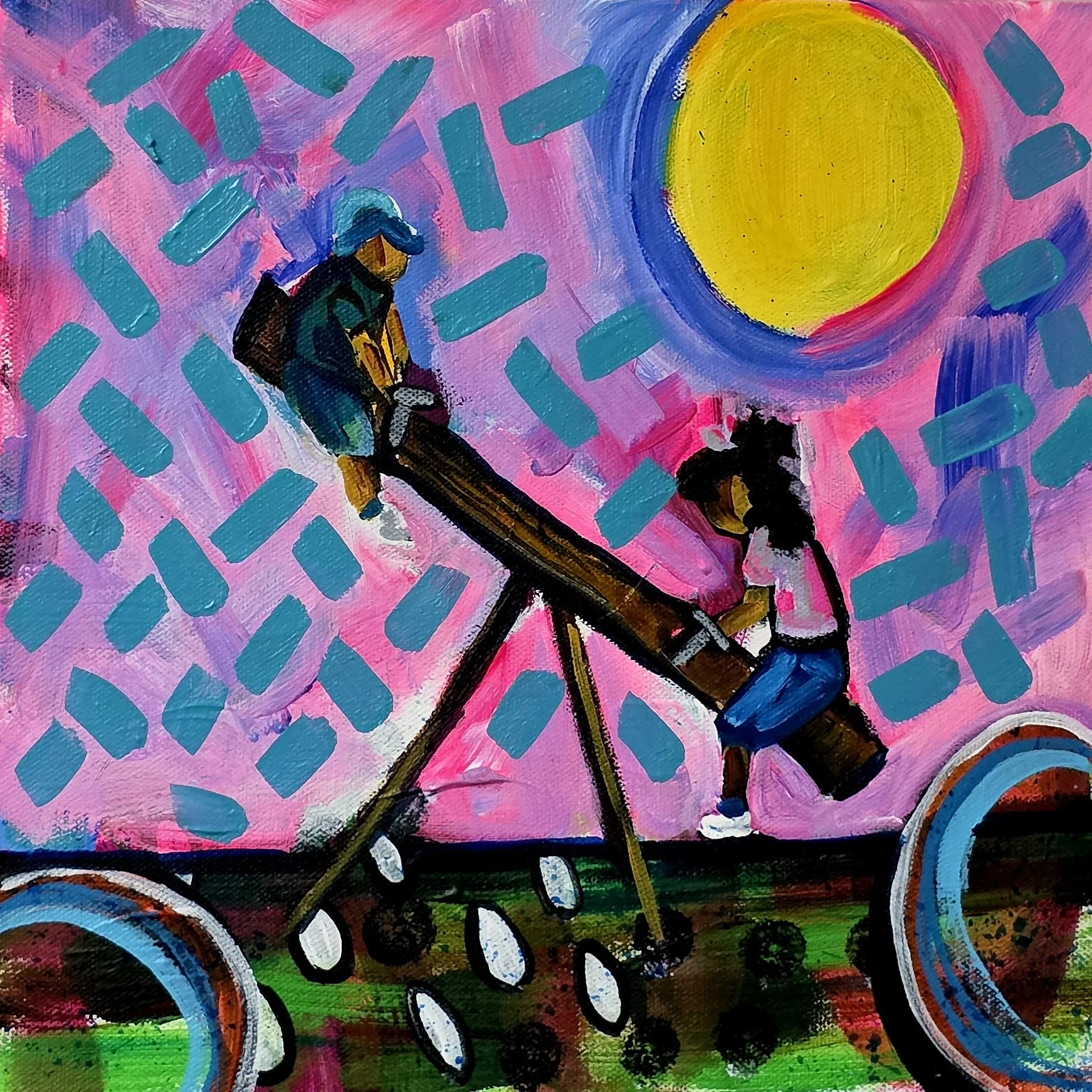 On the playground In the Neighborhood, 2 siblings pause to play creatively captured "At the Playground No. 3".