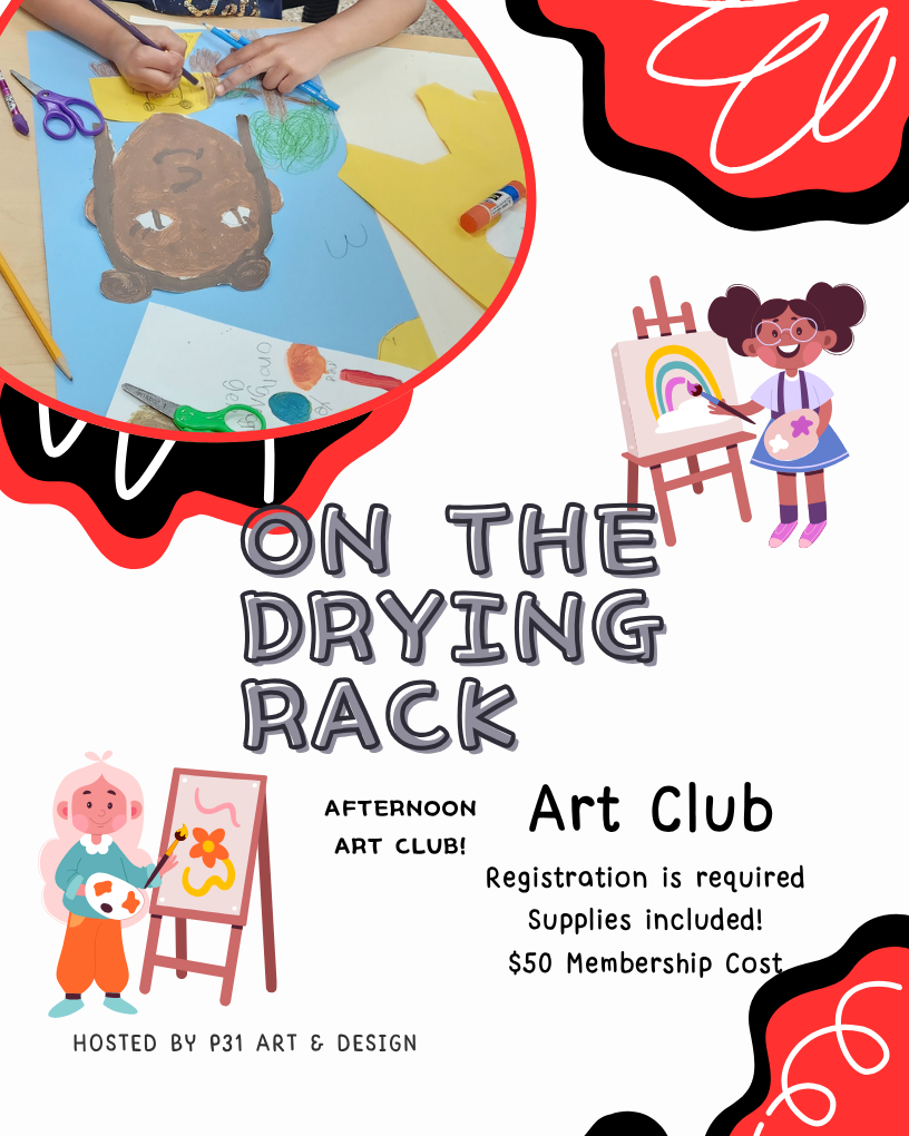 Poster advertising an afternoon art club for children with drawings and cartoon characters of kids painting and creating art, including a girl with glasses painting on an easel.