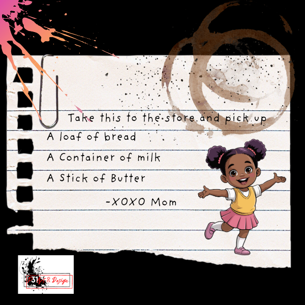 A hand-written shopping list on torn notebook paper with pink paint splatters, featuring a note from mom to pick up bread, milk, and butter. There is a cartoon girl with dark hair styled in two buns wearing a yellow top and pink skirt, smiling and jumping. The background includes decorative brown swirls.