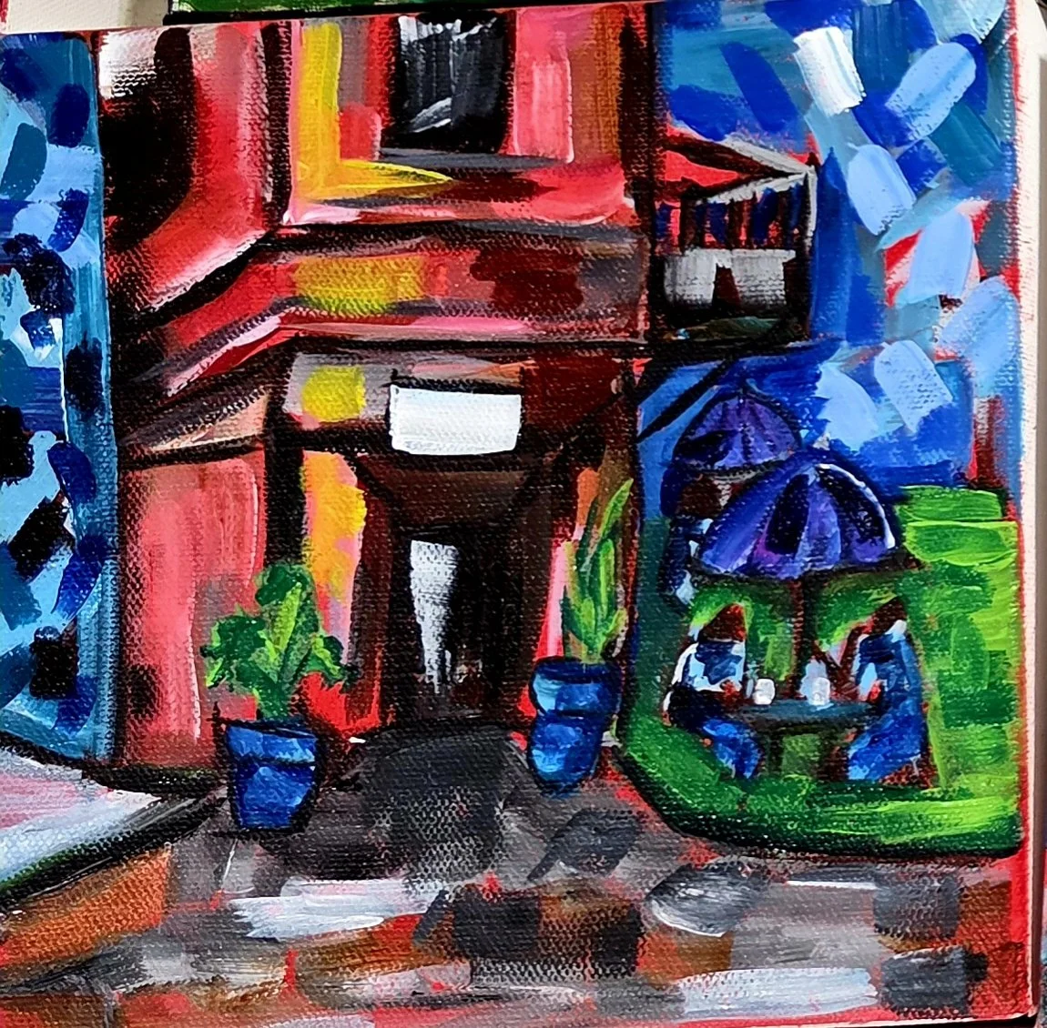 As a part of the In the Neighborhood Series, "The Lunch Break, Coffee Shop No. 2", captures some moments outside of the neighborhood coffeeshop - a space for coffee, laughs, and lunch!