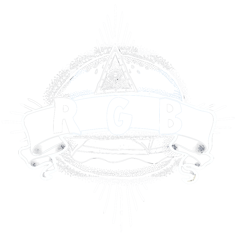 Black and white tattoo-style design featuring a pyramid with an eye inside, radiating lines, and a ribbon banner with the letters 'RGB'.