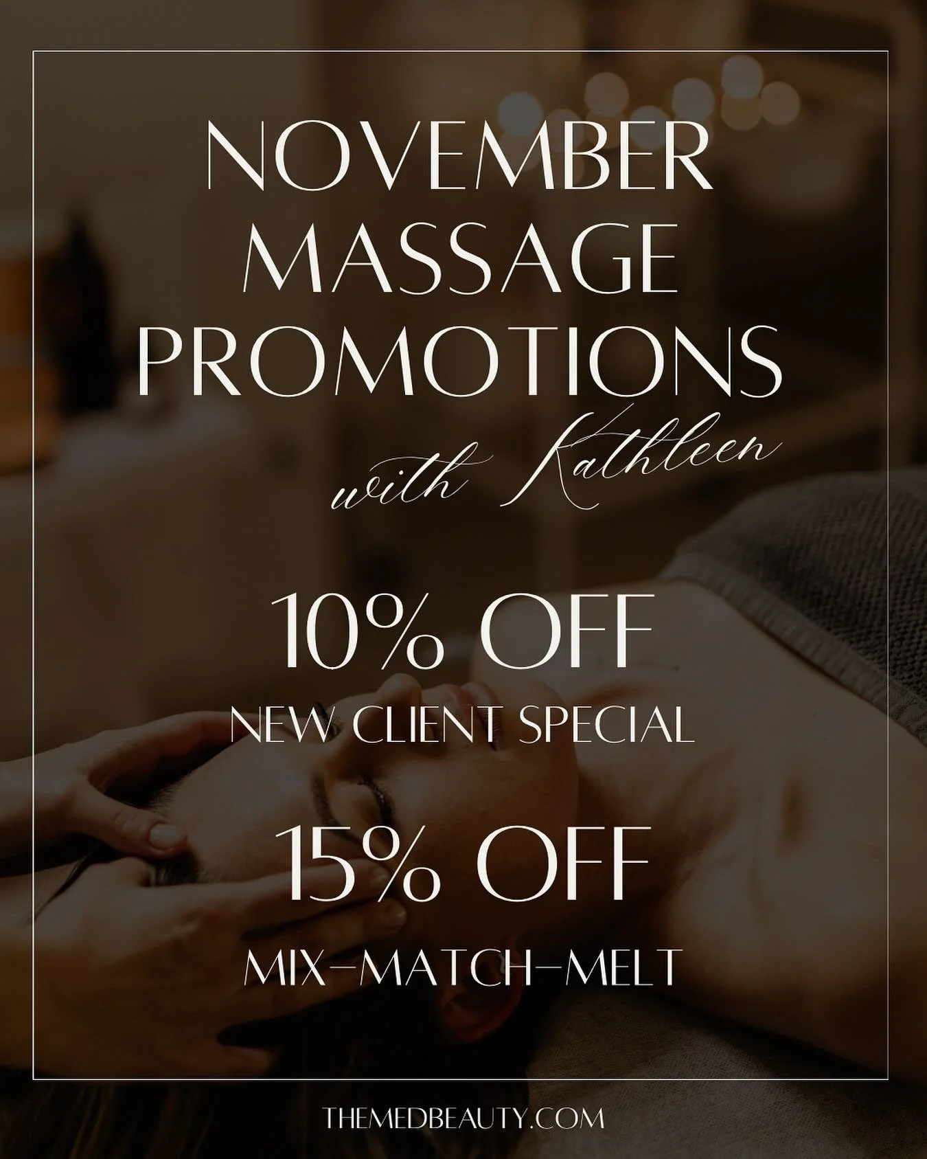 New client experiences for November!! 

Kathleen is offering two new specials all month long so you can unwind with the care you deserve.

✨Revel in 10% off your first massage or bodywork session - tailored to soothe and restore.

~or~

✨ Elevate you