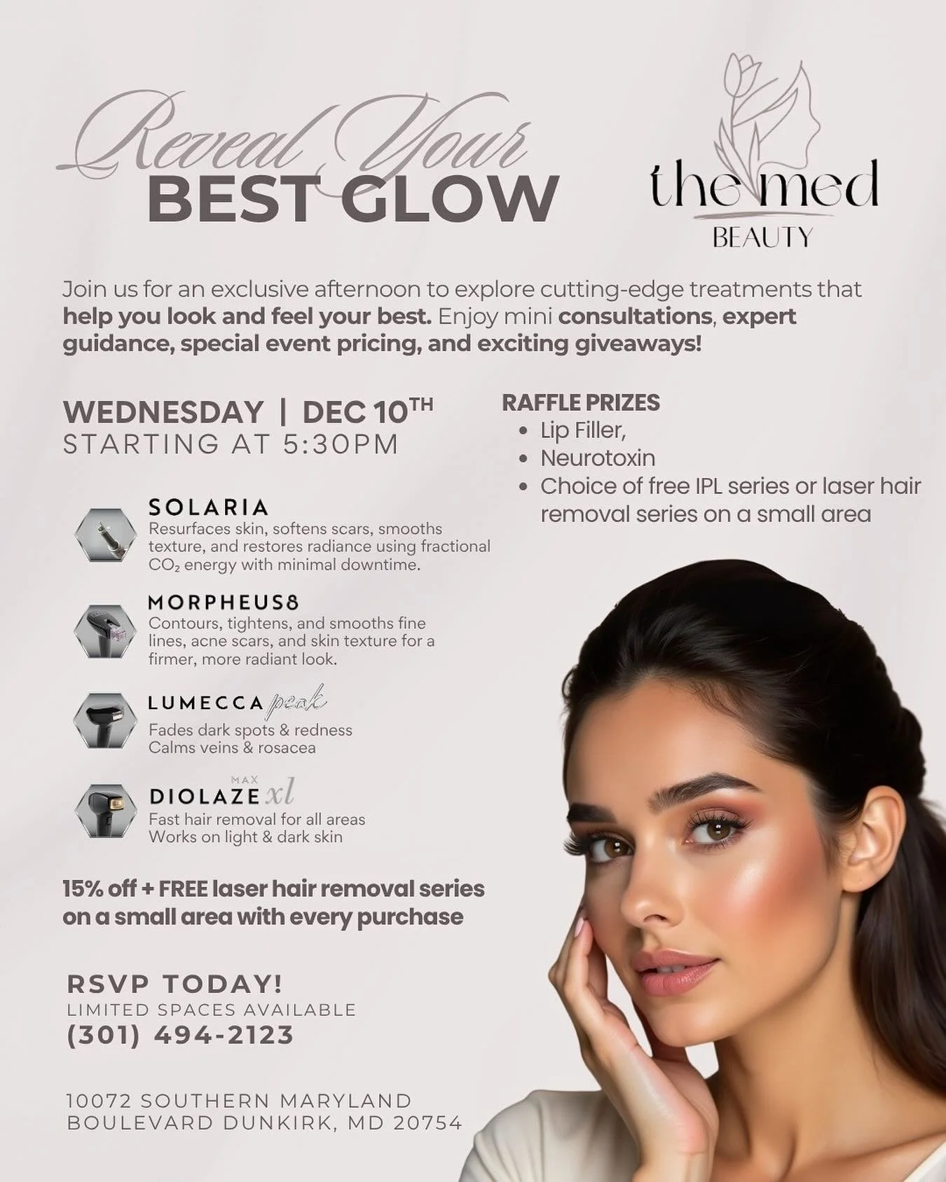 ✨Now at The Med Beauty Spa: Laser Services have officially arrived!! 

Join us for our VIP Laser Launch Event featuring personalized consultations, exclusive event pricing, and luxury giveaways. Elevate your glow and experience the next level of skin
