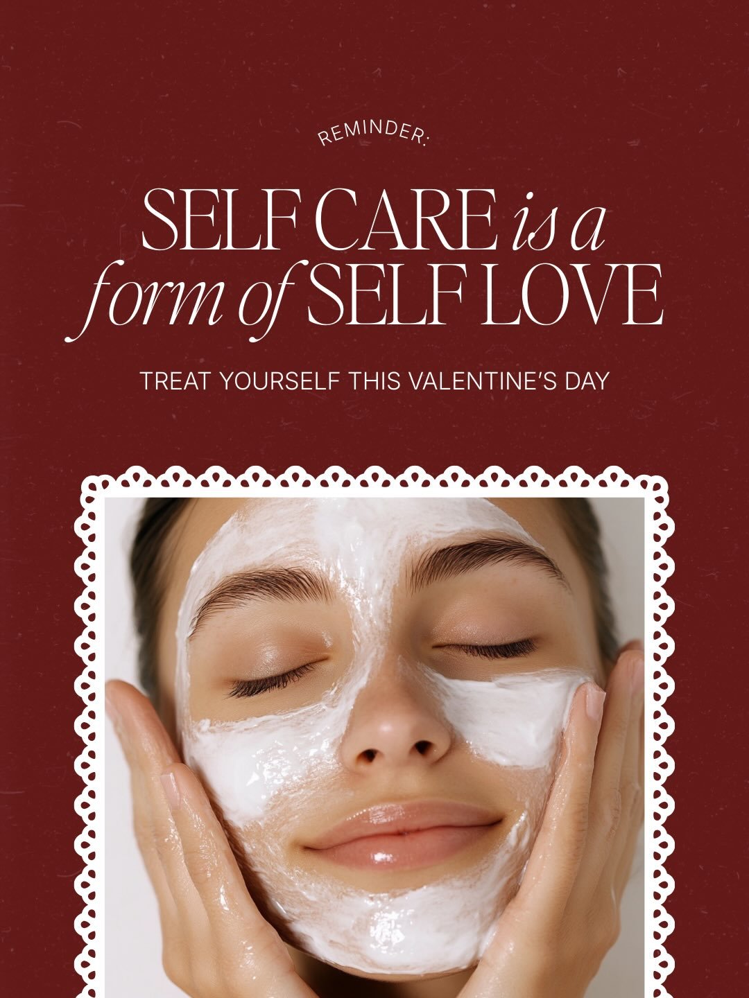 Valentine&rsquo;s Day reminder 💌

You don&rsquo;t need a grand gesture, you need intention.

Plump skin. Quiet time. A little glow.

That &ldquo;I did this for me&rdquo; feeling hits different. 

Book your February self-love treatment and send this 