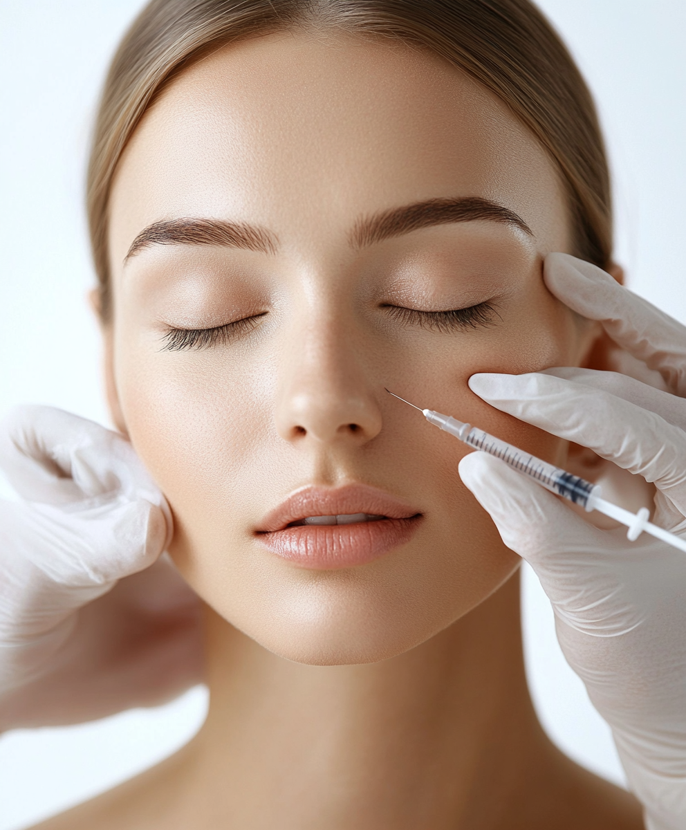 A woman with closed eyes receiving a cosmetic injections in her cheek from a medical professional wearing gloves.