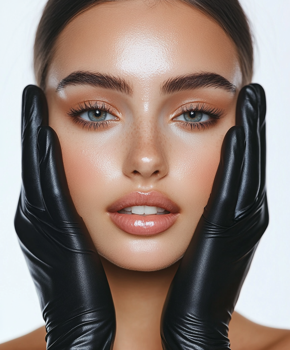 Close-up of a woman with blue eyes and clear skin, holding her face gently with black gloves, looking directly at the camera.