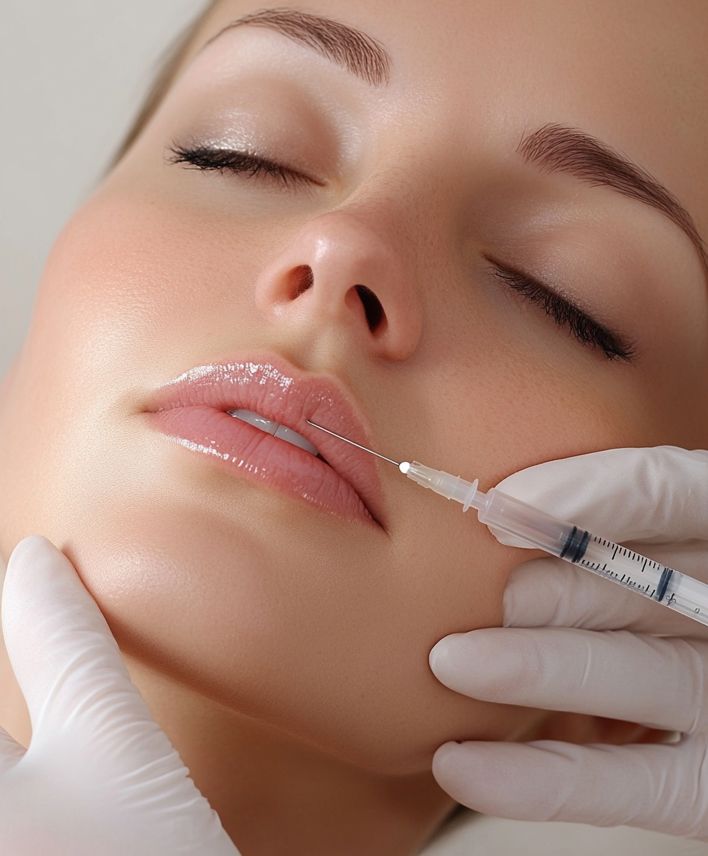 Close-up of a woman receiving a cosmetic injection in her lips from a medical professional wearing gloves.