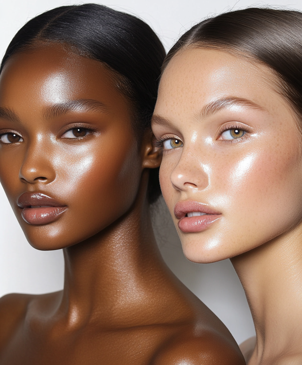 Close-up of two women with glowing skin, one with dark skin and dark hair, and the other with light skin, light hair, and freckles.