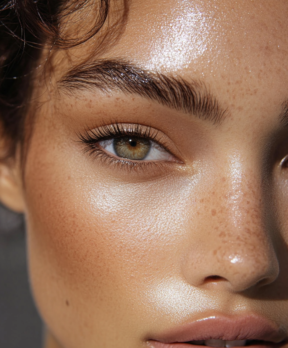 Close-up of a woman's face showing her eye, eyebrow, and part of her nose and lips, with shiny skin and natural makeup.