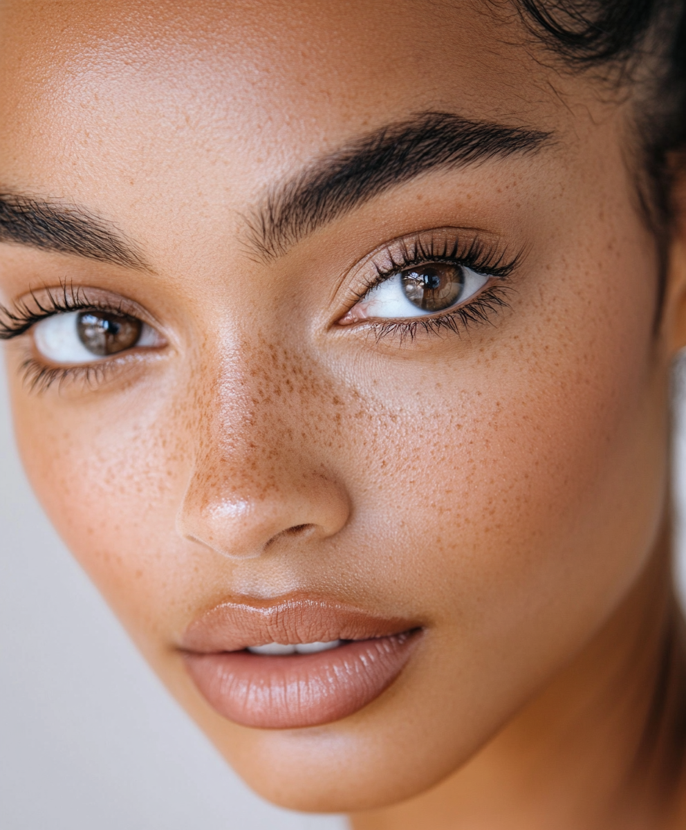 Close-up of a woman's face, showing her brown eyes, dark eyebrows, smooth skin with freckles, and light makeup.