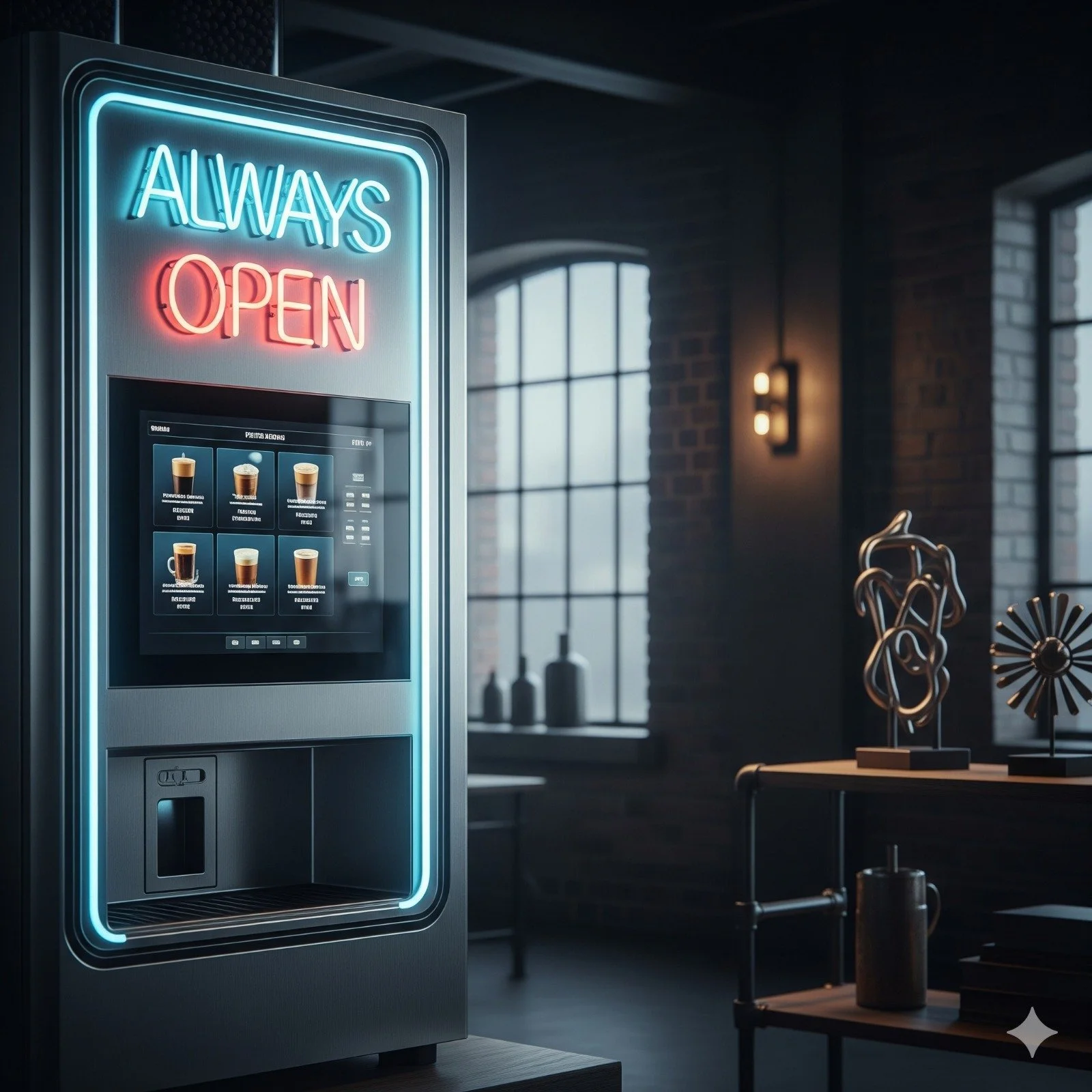 Distributore automatico di bevande con segnale neon 'Always Open' in uno spazio industriale con grandi finestre e decorazioni moderne.