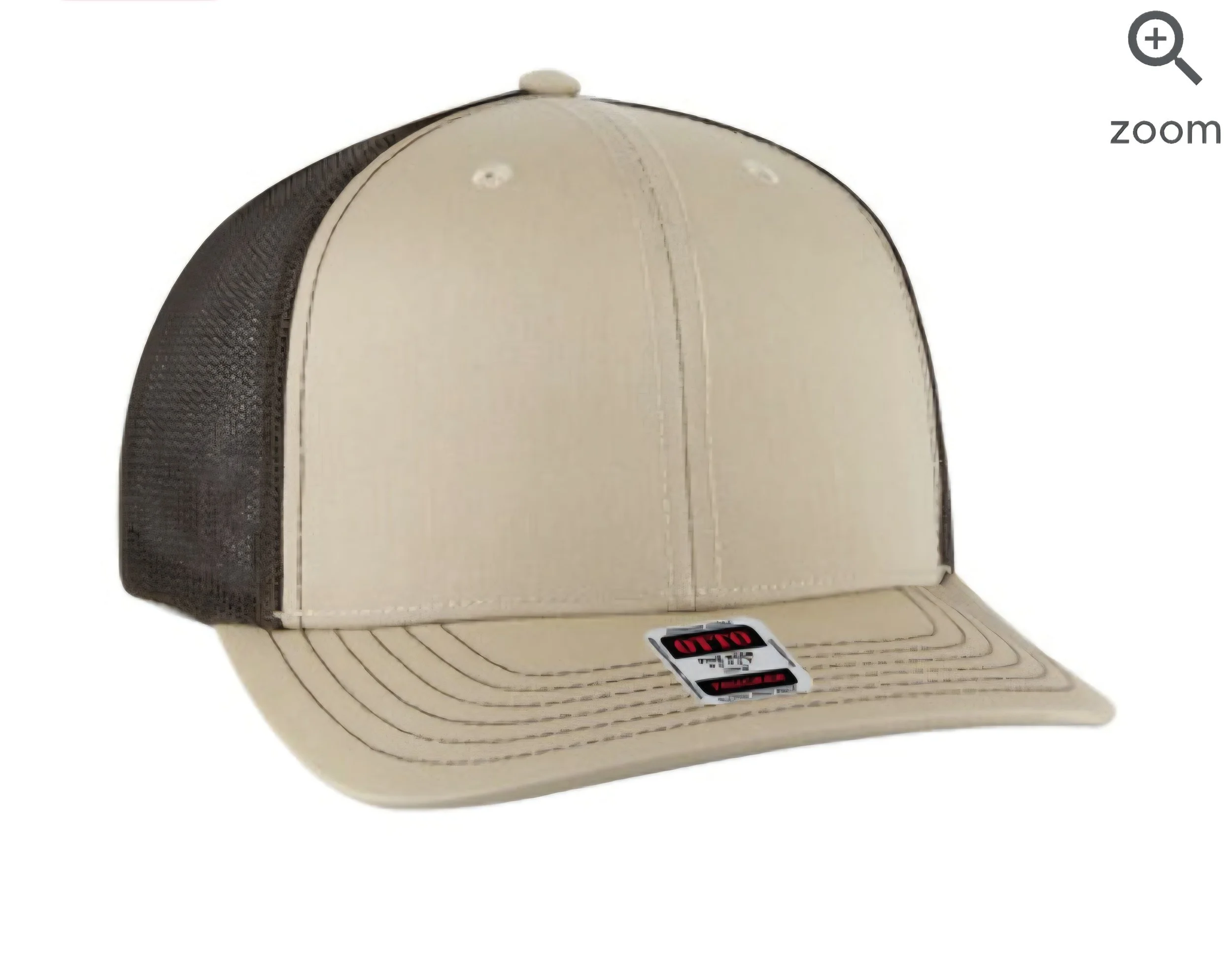 Beige and black trucker style baseball cap with a sticker on the brim.