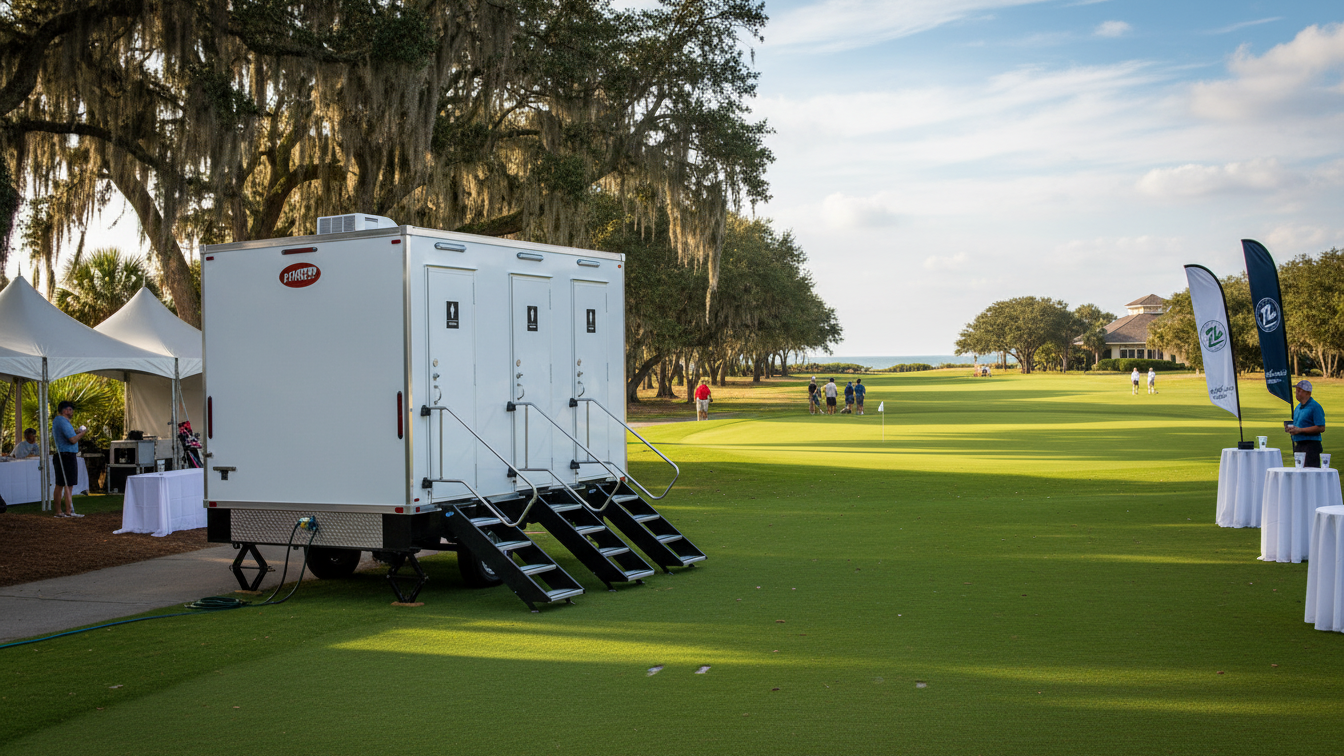 Restroom trailer rental outside at a fancy event