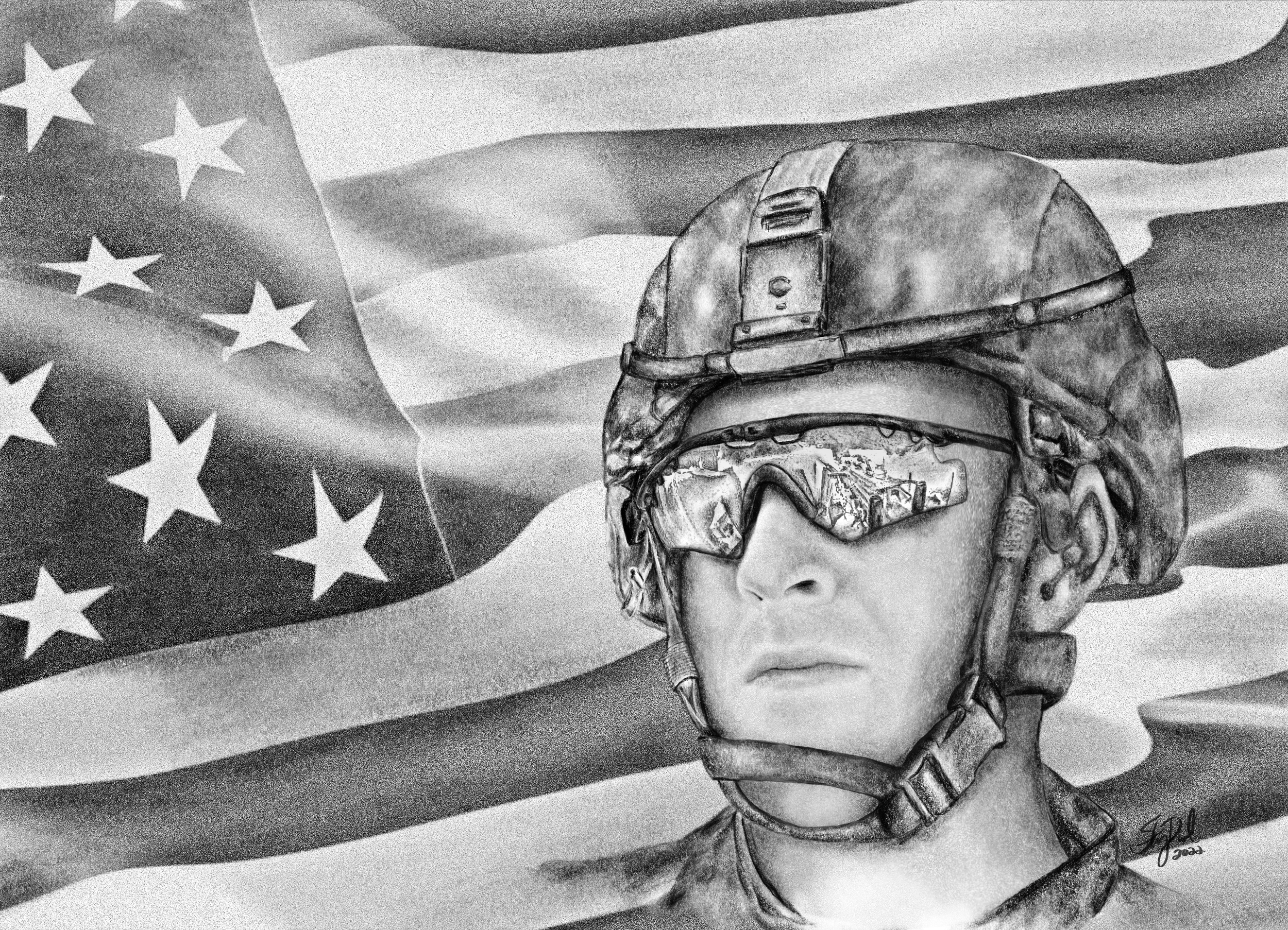 A pencil drawing of a soldier in military gear, wearing a helmet and reflective goggles, with the American flag waving in the background.