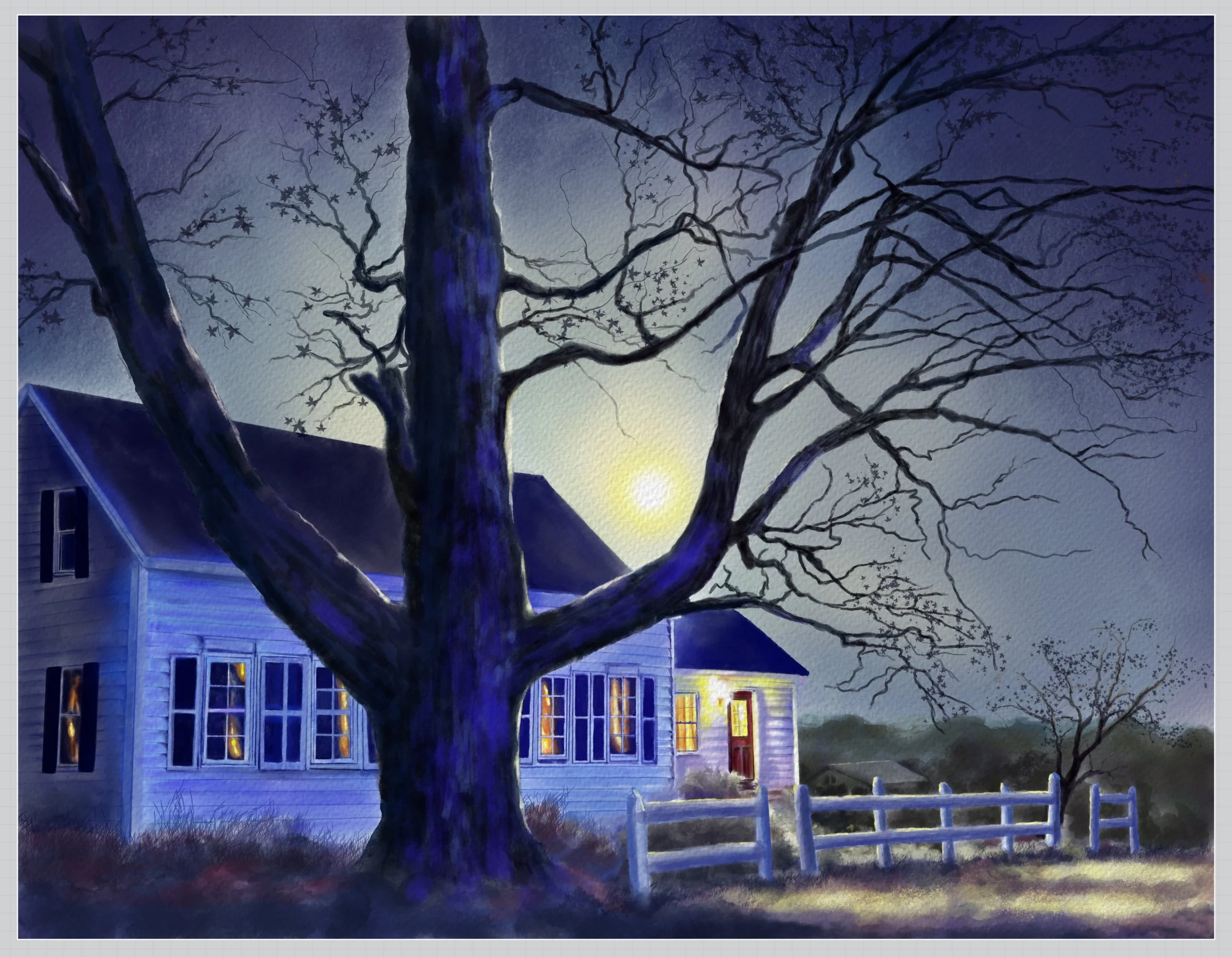 A watercolor painting of a large, leafless tree in front of a white house with lit windows. The scene is set at night with a glowing moon in the sky, and a white fence surrounds the yard.